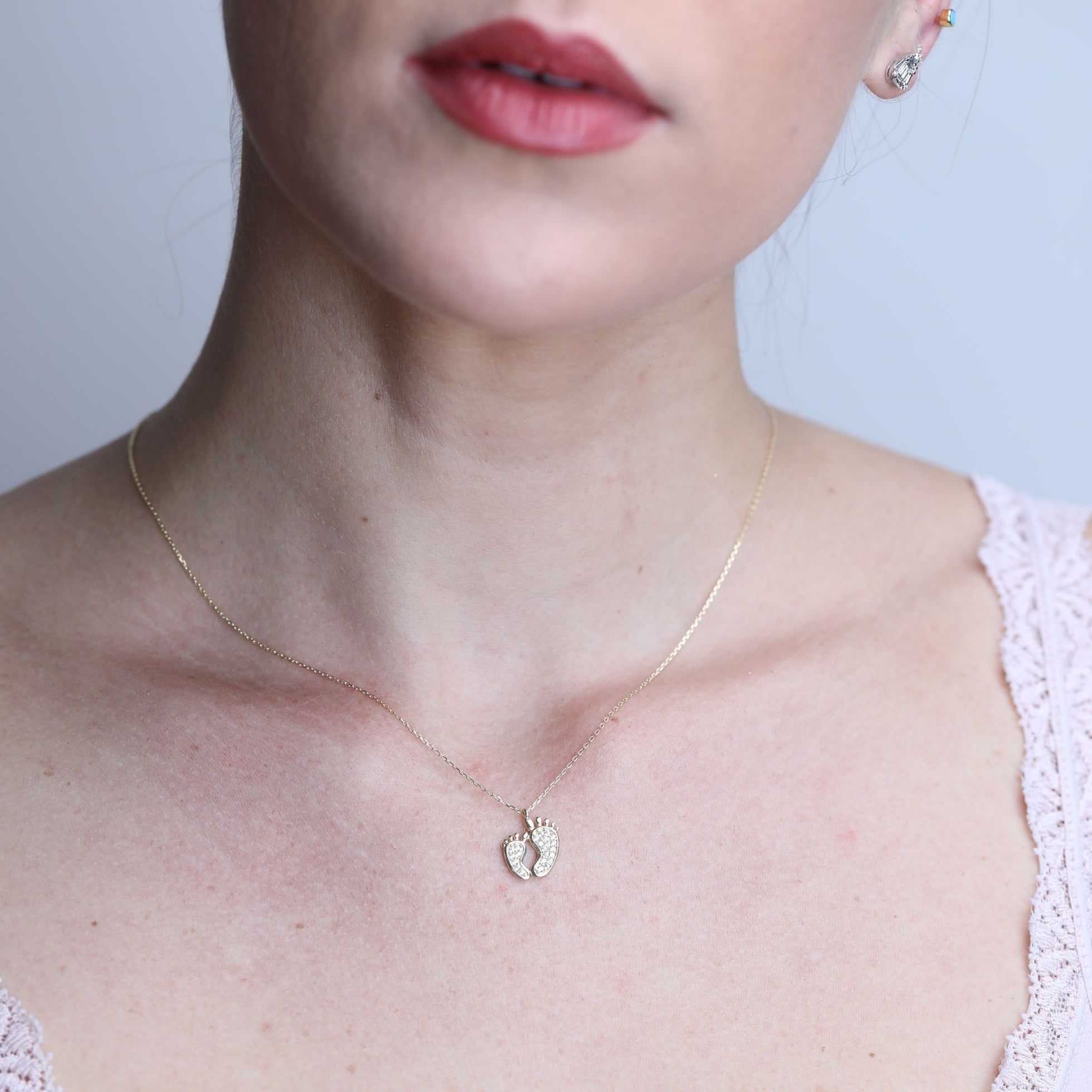 14K Solid Yellow Gold Baby Feet Sapphire Necklace - Elegant Mother & Child Jewelry Gift for Newborn, Christening, Baptism & Special Occasions