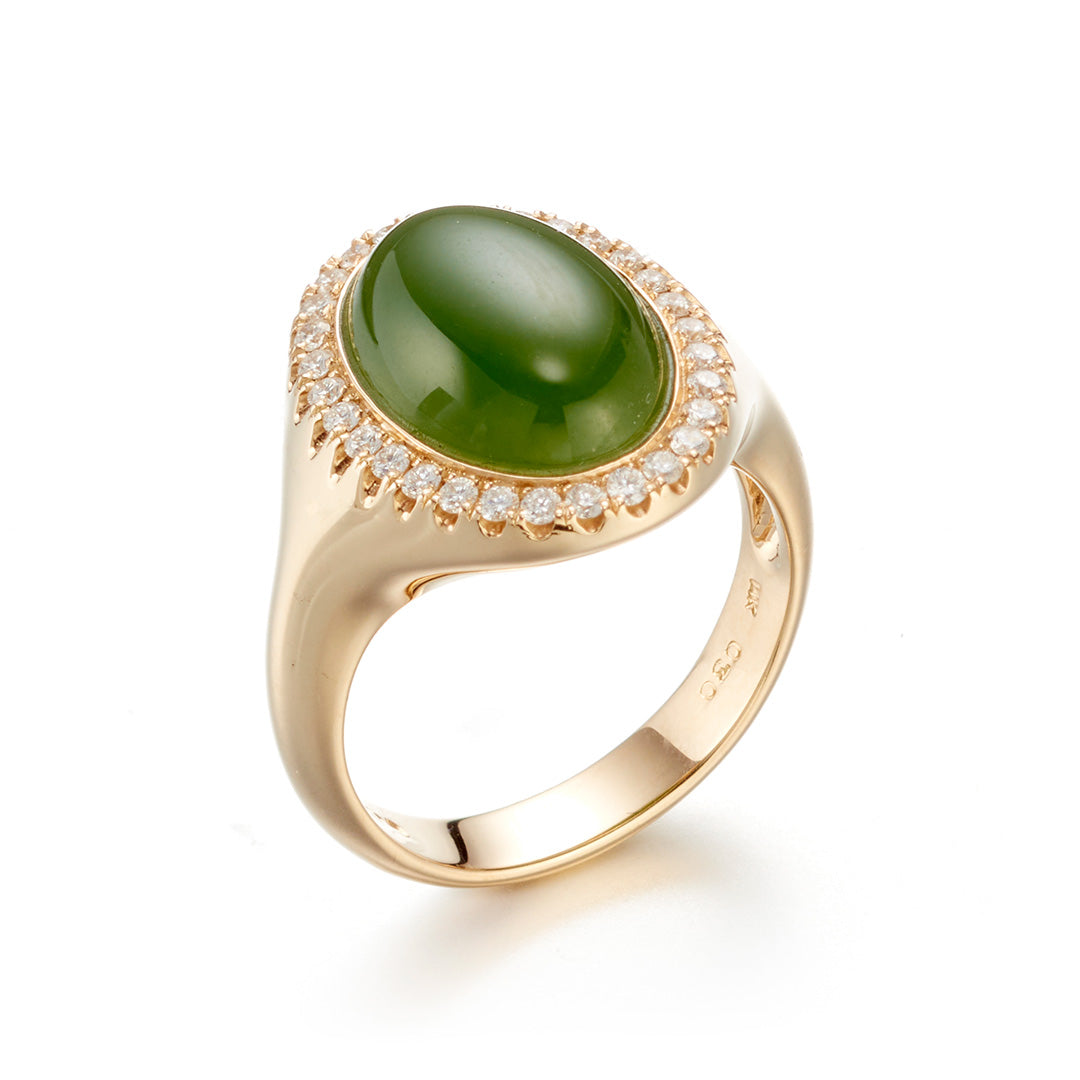 Green Nephrite Jade & Diamond Halo Ring – Elegant Jewelry for Weddings, Anniversaries & Special Occasions