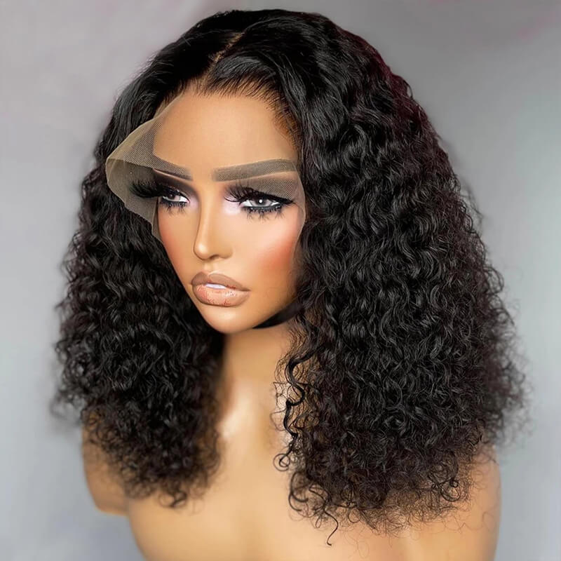 Eullair 13x4 Full Frontal Short Straight Bob Wig with Curly Lace - 100% Human Hair Wigs for Women & Girls - Perfect for Daily Wear, Cosplay & Fashion Styling