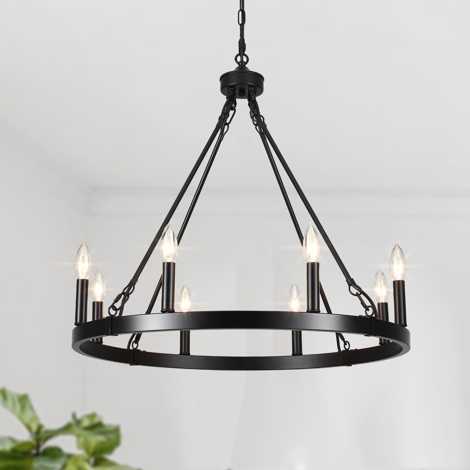 Black Wagon Wheel Chandelier - 8-Light Industrial Pendant Lighting Fixture for Dining Room, Living Room, Foyer & Entryway | Rustic Farmhouse Decor for Home & Restaurant