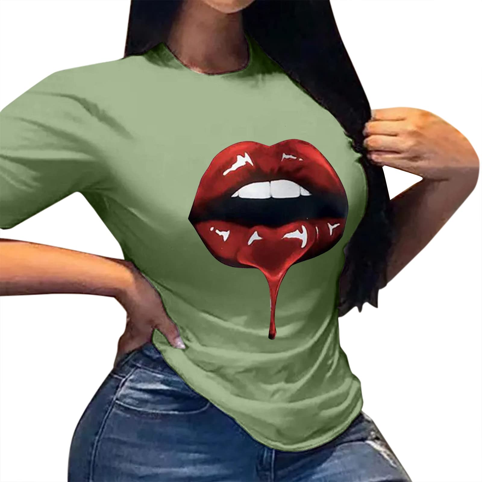 Women's Lip Print Round Neck Casual Blouse Tee - Summer Short Sleeve Tops for Daily Wear | Perfect for Office, Outings & Beach Vacations
