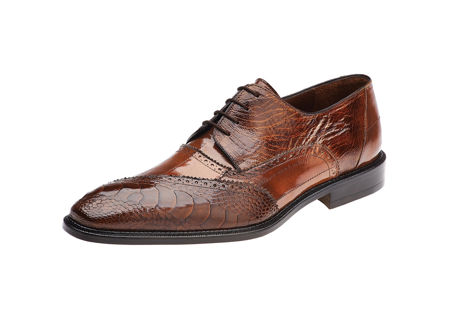 Belvedere Nino Genuine Ostrich Leg & Eel Leather Dress Shoes - Antique Camel Color 0B4 | Premium Men's Formal Footwear for Business & Special Occasions