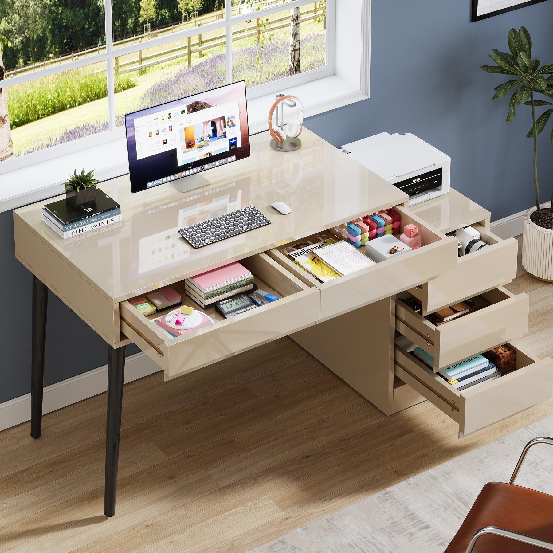 Tribesigns 5-Drawer Vanity Desk with Reversible Cabinet - High Gloss Makeup Table & Computer Desk for Bedroom or Office, Beige (No Mirror) - Perfect for Cosmetics Storage, Workstation & Home Office Organization