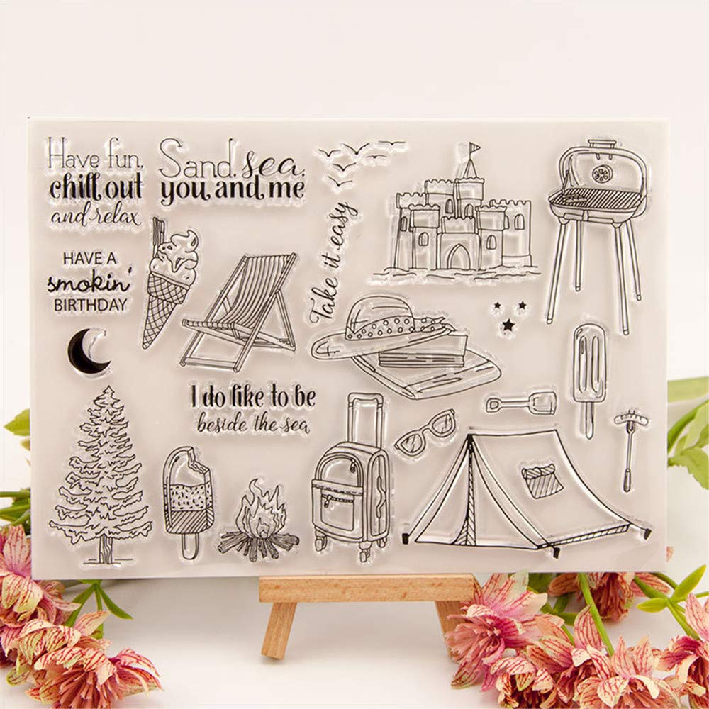 Arrietty Tent Beach Holiday Clear Stamps Set for Card Making, Scrapbooking & Journaling - Relaxing Vacation Ice Cream Rubber Stamps for DIY Albums, Planners & Craft Projects - Perfect for Summer Cards, Travel Journals & Gift Decorations