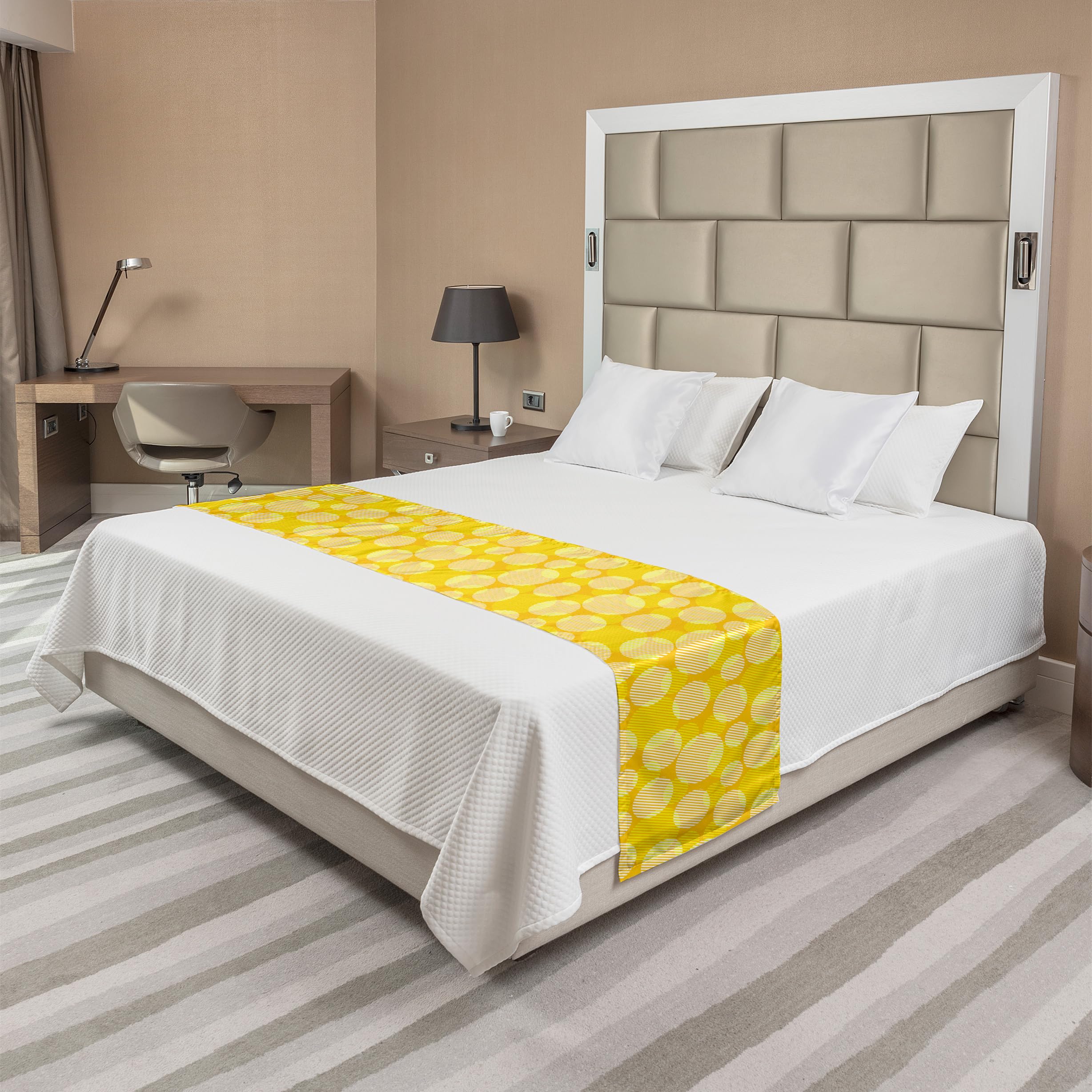 Ambesonne Yellow White Bed Runner - Geometric Dots Stripes for Hotels & Homes