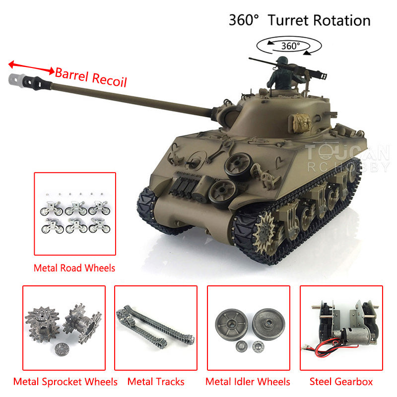 1/16 Henglong M4A3 Sherman RC Tank - 7.0 Customized Remote Control Military Vehicle with Barrel Recoil, 360° Rotating Turret & Metal Road Wheels - Perfect for Collectors, Battle Simulation & Outdoor Play