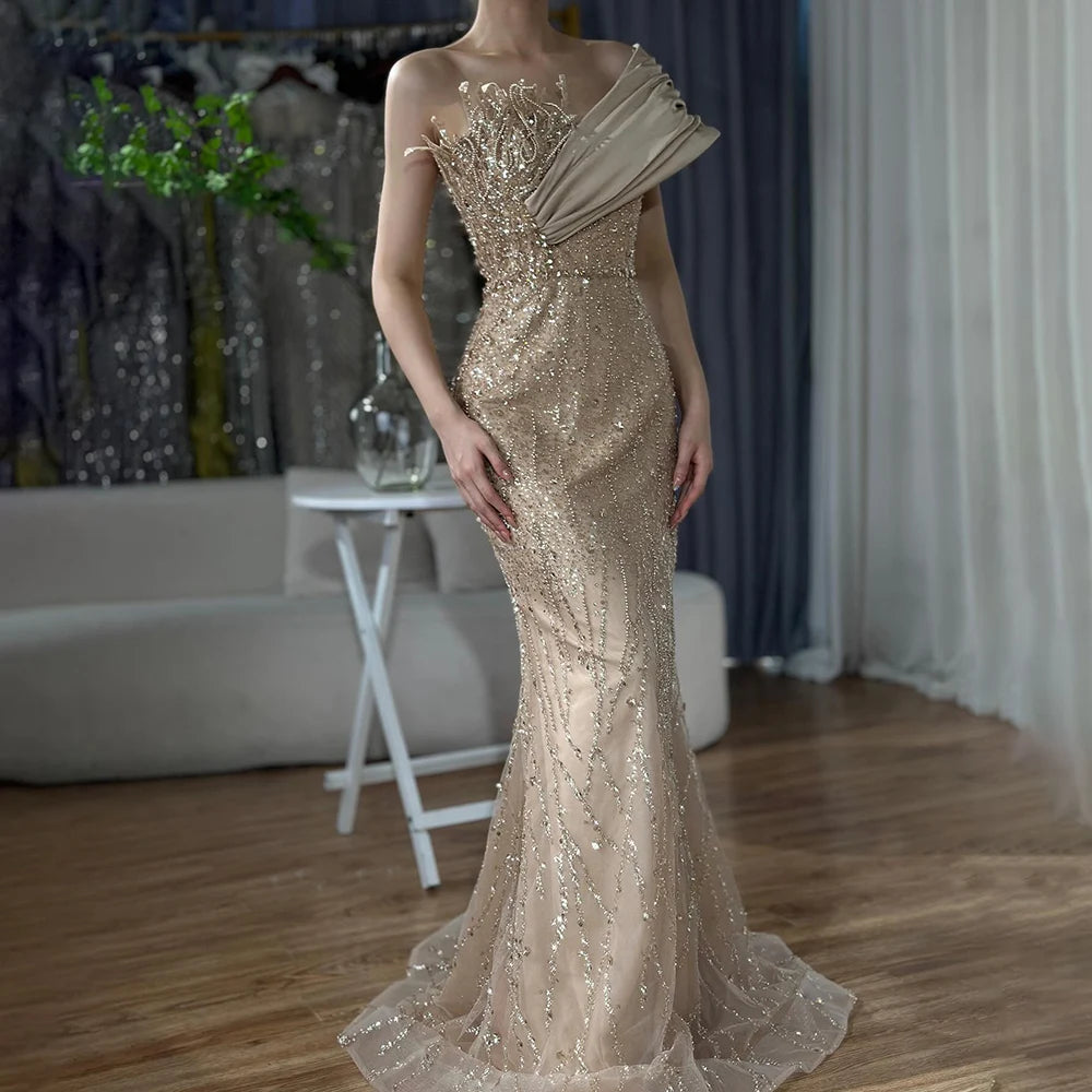 Elegant One Shoulder Beaded Evening Gown - Dubai Inspired Caramel Arabic Dress for Formal Occasions & Special Events - LA72577 | Perfect for Weddings, Galas and Red Carpet Events