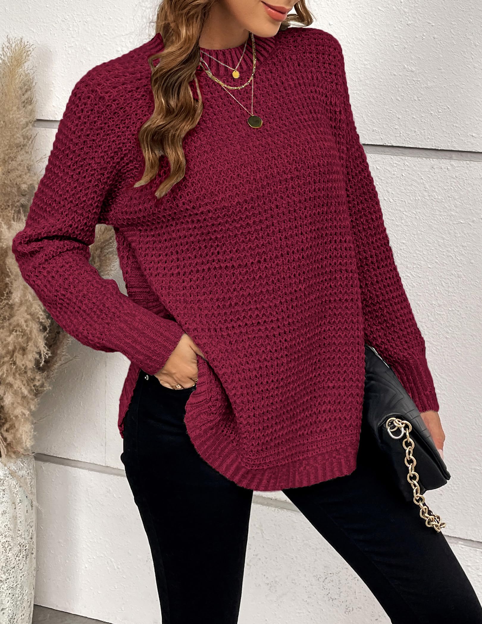 Women's Oversized Chunky Waffle Knit Long Sweater - Fall 2024 Cozy Crewneck Pullover - Dressy Casual Loungewear for Home, Office & Outings