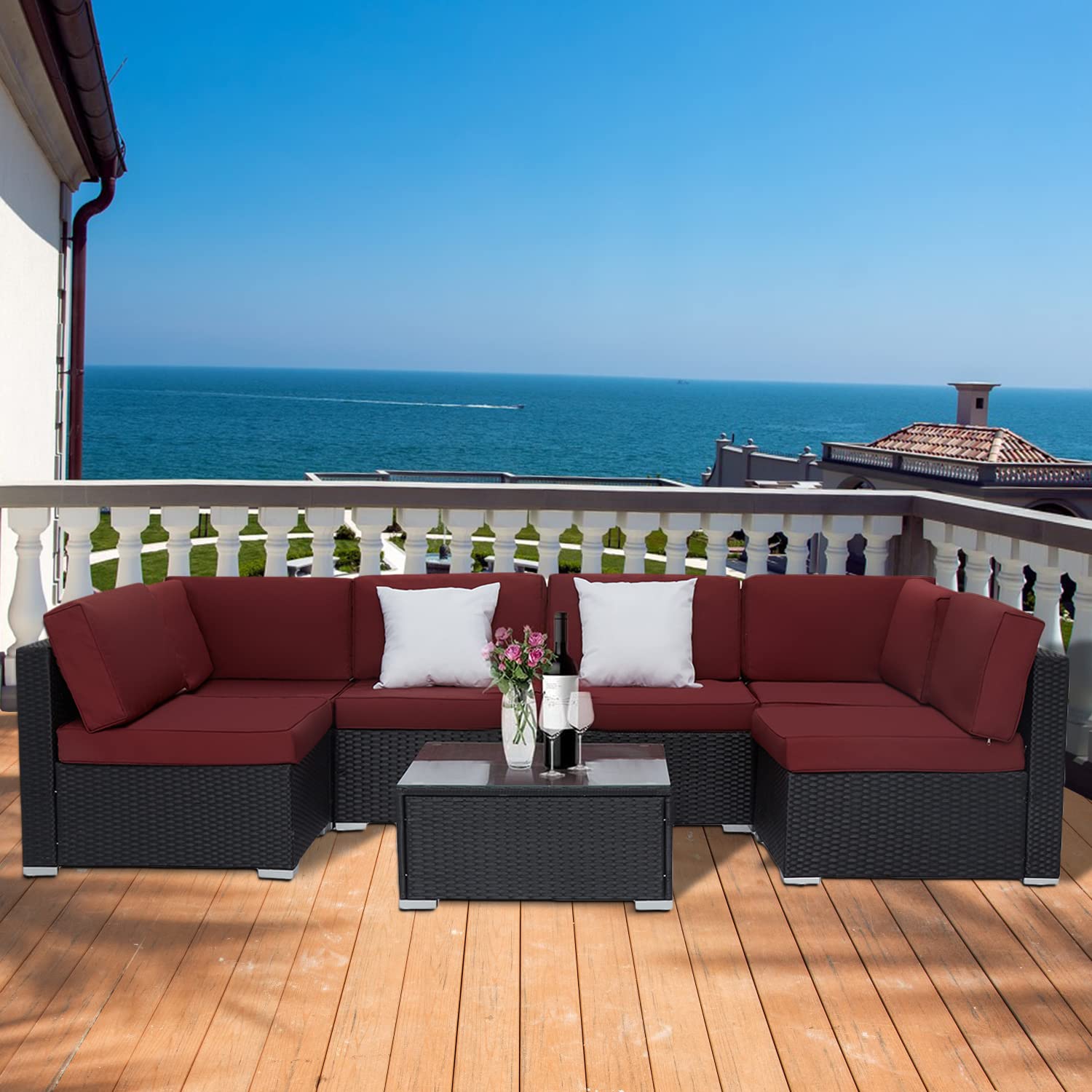 Kinbor 7-Piece Outdoor Patio Furniture Set - Wicker Sectional Sofa with Coffee Table for Deck, Balcony, Backyard & Garden - Perfect for Relaxing & Entertaining Guests