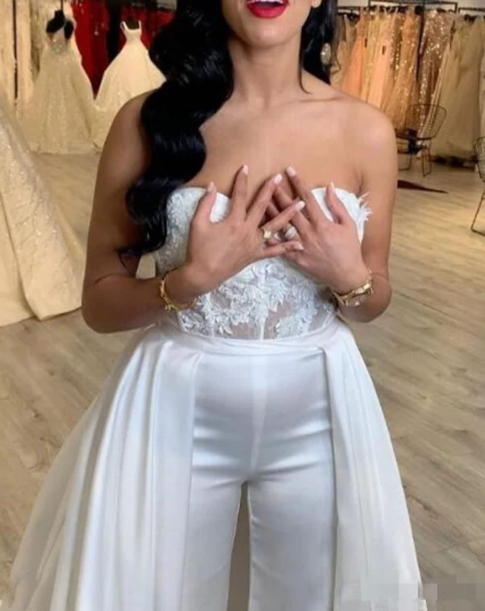 Elegant Strapless Lace Wedding Jumpsuit for Women with Detachable Skirt & Pant Suit - Perfect for Bridal Ceremony, Reception, and Formal Events