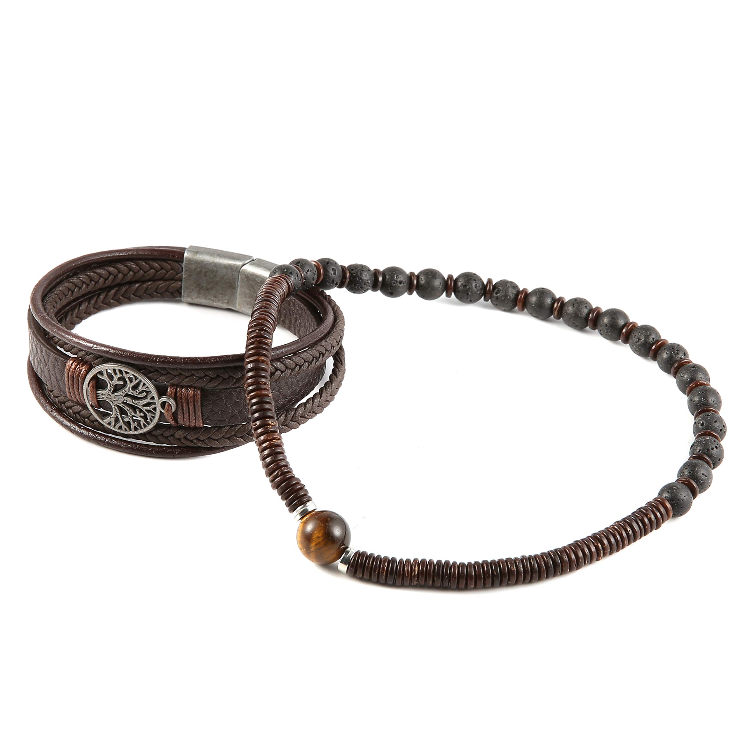 Genuine Leather Tree of Life Bracelet for Men & Women - Tiger Eye Natural Stone & Lava Rock Beads, Elastic Ethnic Tribal Wristband - Perfect for Yoga, Meditation, Boho Fashion & Spiritual Gifts