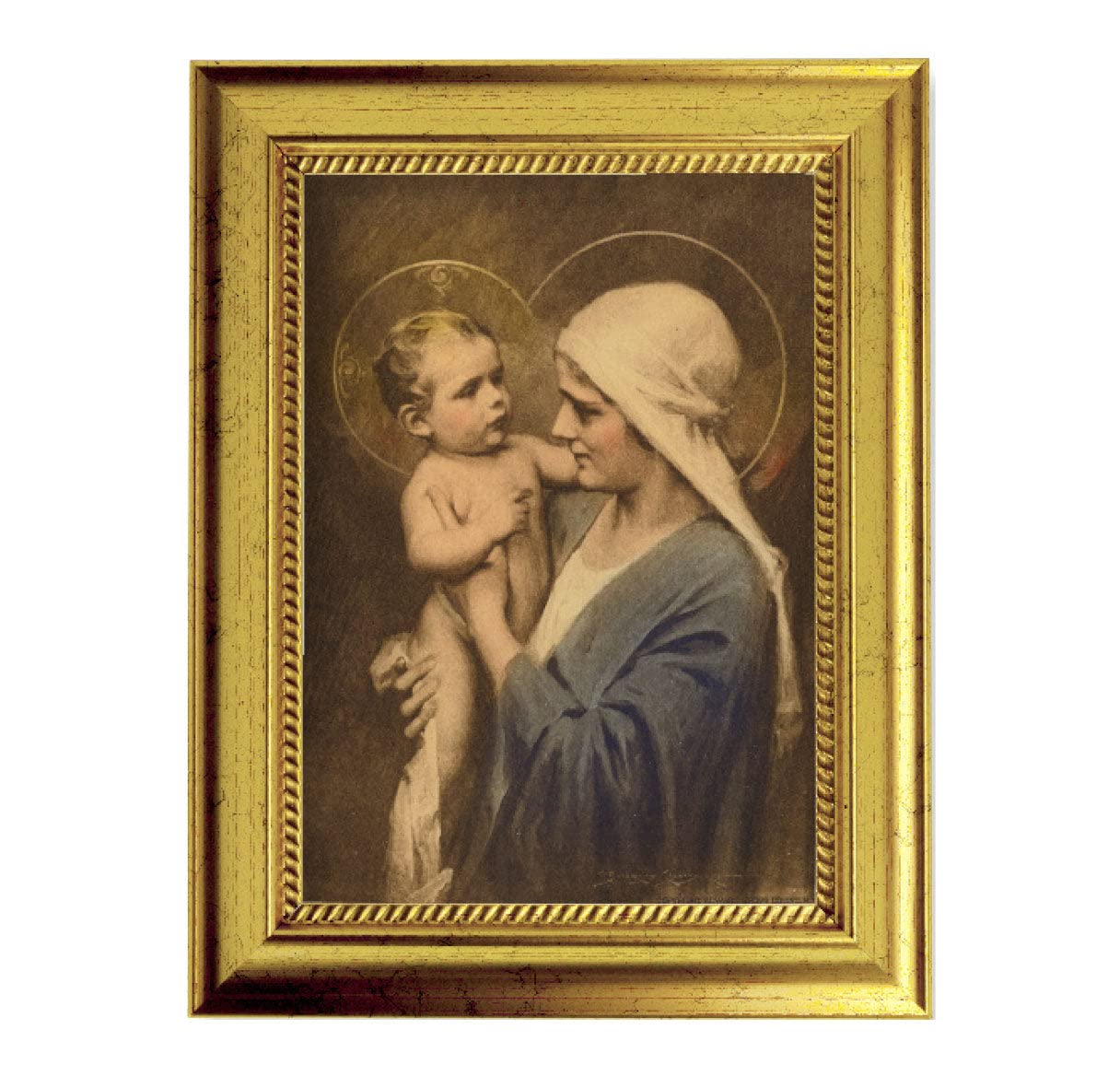 Jesus and Mary Framed Wall Art - Antique Gold Leaf Religious Picture with Rope Detailing - Perfect for Home Chapel, Bedroom Decor & Christian Gift