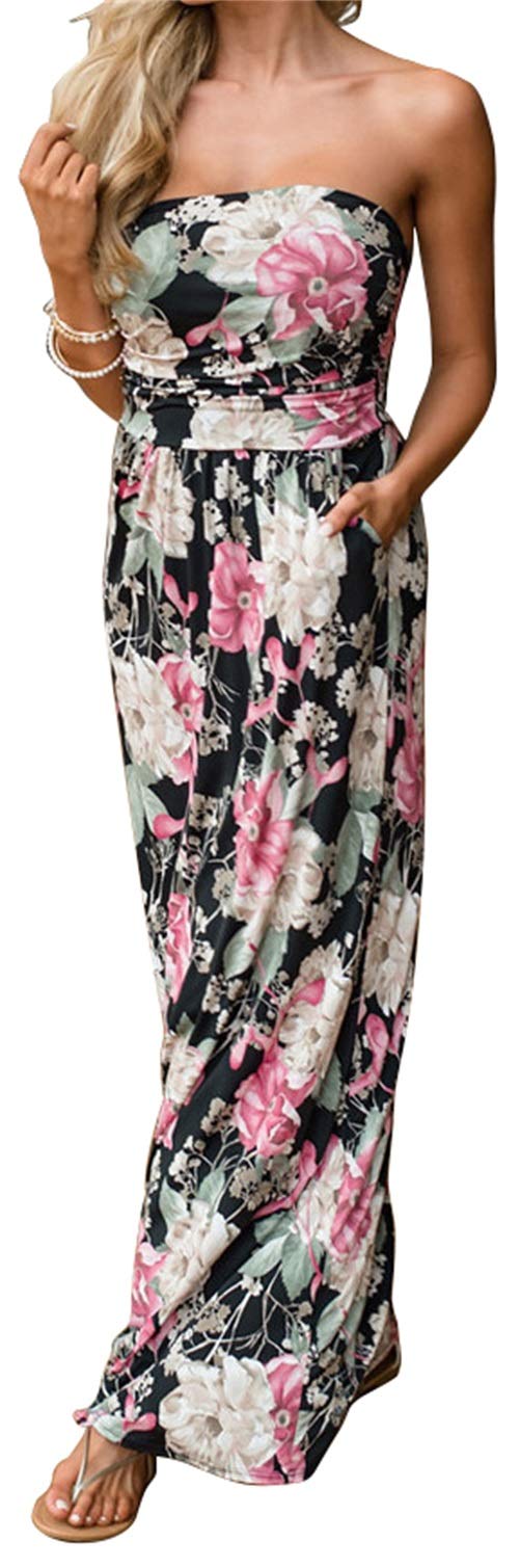 PRIMODA Women's Strapless Tube Top Maxi Dress - Floral Boho Beach Dress with Pockets | Summer Vacation, Beach Party, Music Festival Outfit
