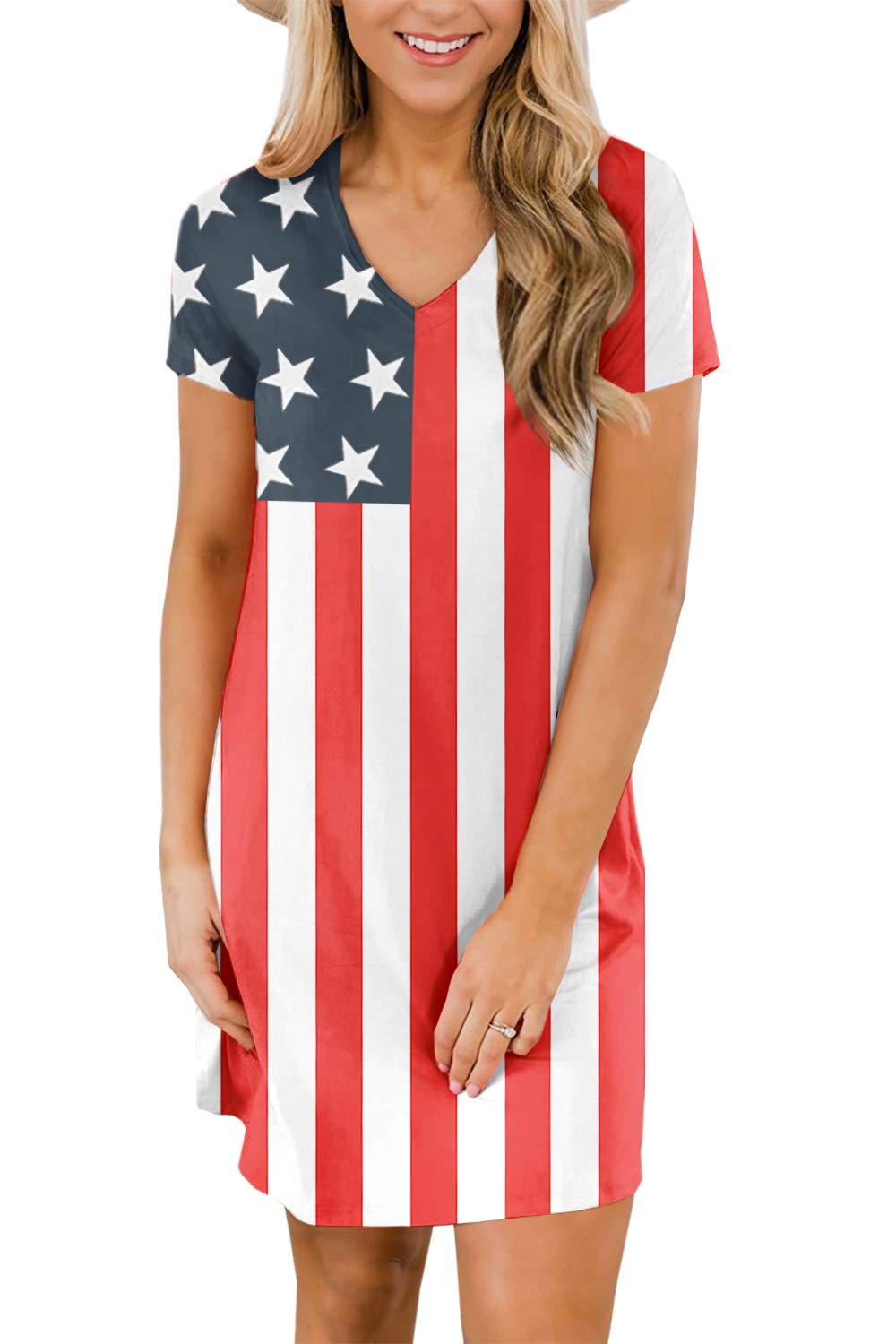 Women's Patriotic American Flag T-Shirt Dress - 4th of July Casual Summer Dress with USA Flag Design - Perfect for Independence Day Celebrations, BBQ Parties & Summer Outings