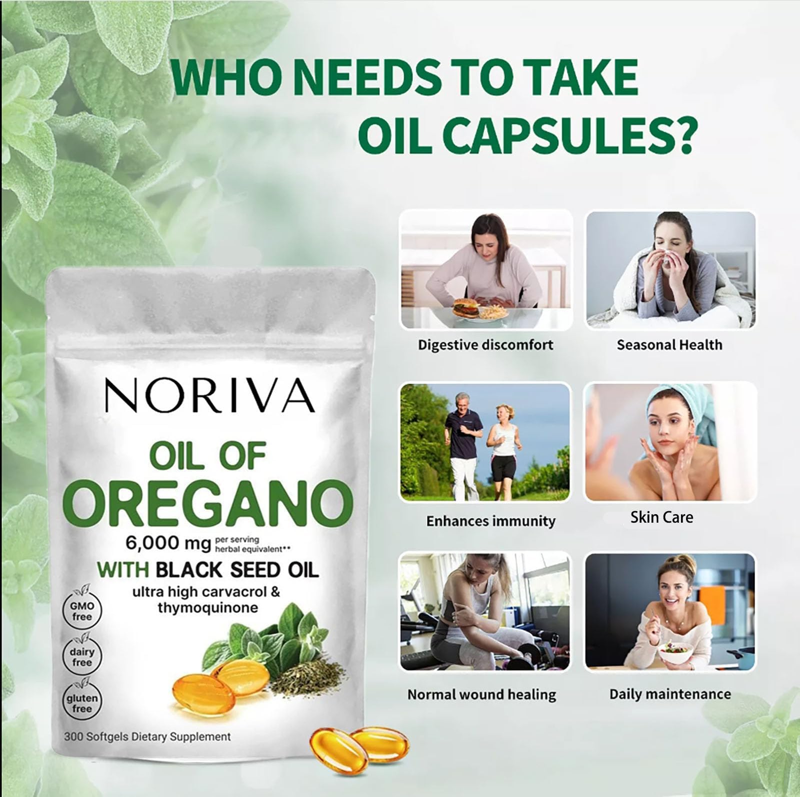 Noriva Oil of Oregano 6000mg Supplement Capsules with Black Seed Oil - Immune Support & Digestive Health - Perfect for Travel & Daily Wellness