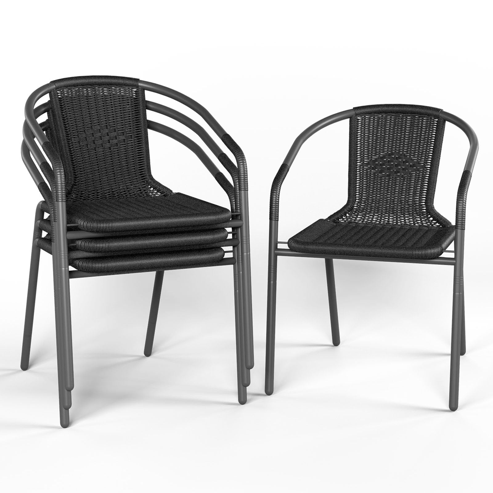 Amopatio 4-Piece Outdoor Dining Chairs Set - Black Wicker Patio Chairs with Sturdy Metal Frame, Rattan Indoor/Outdoor Stackable Chairs for Bistro, Deck, Yard, Porch, Restaurant | Perfect for Backyard BBQs, Poolside Lounging & Outdoor Entertaining