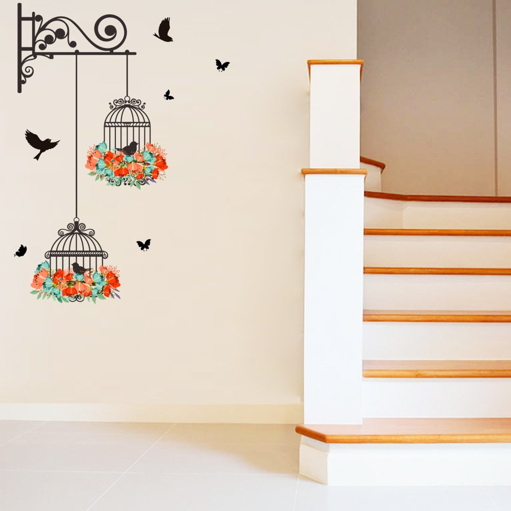 Birdcage Flower & Flying Birds Wall Decals - Removable Vinyl Stickers for Nursery, Kids Room & Living Room Decor - Home Art Mural for Bedroom, Lobby & Playroom - Perfect for Baby Shower Gifts & Wall Decorations