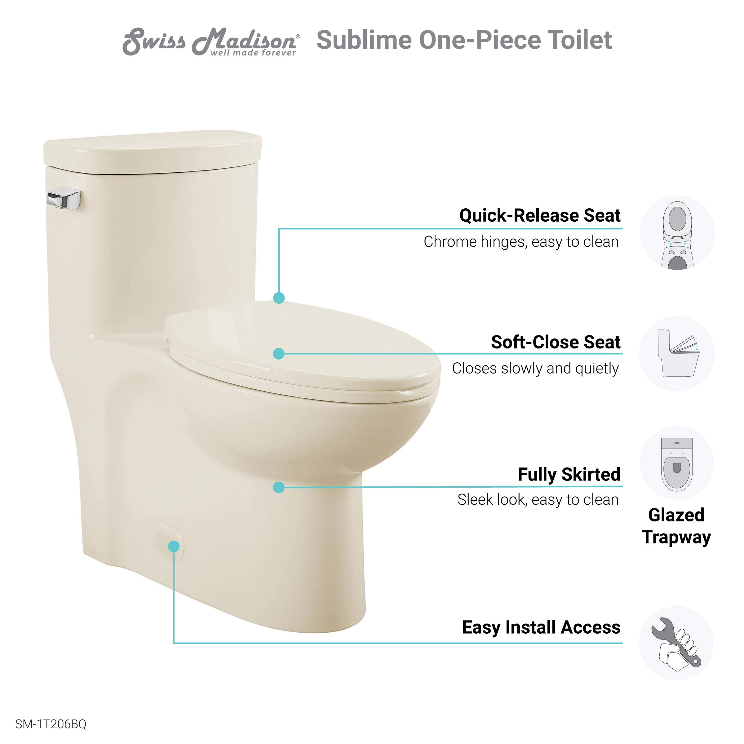 Swiss Madison SM-1T206BQ Sublime One-Piece Elongated Toilet with Left-Side Flush Handle | 1.28 GPF Water-Saving Design in Bisque Color | Perfect for Modern Bathrooms, Small Spaces & Eco-Friendly Homes