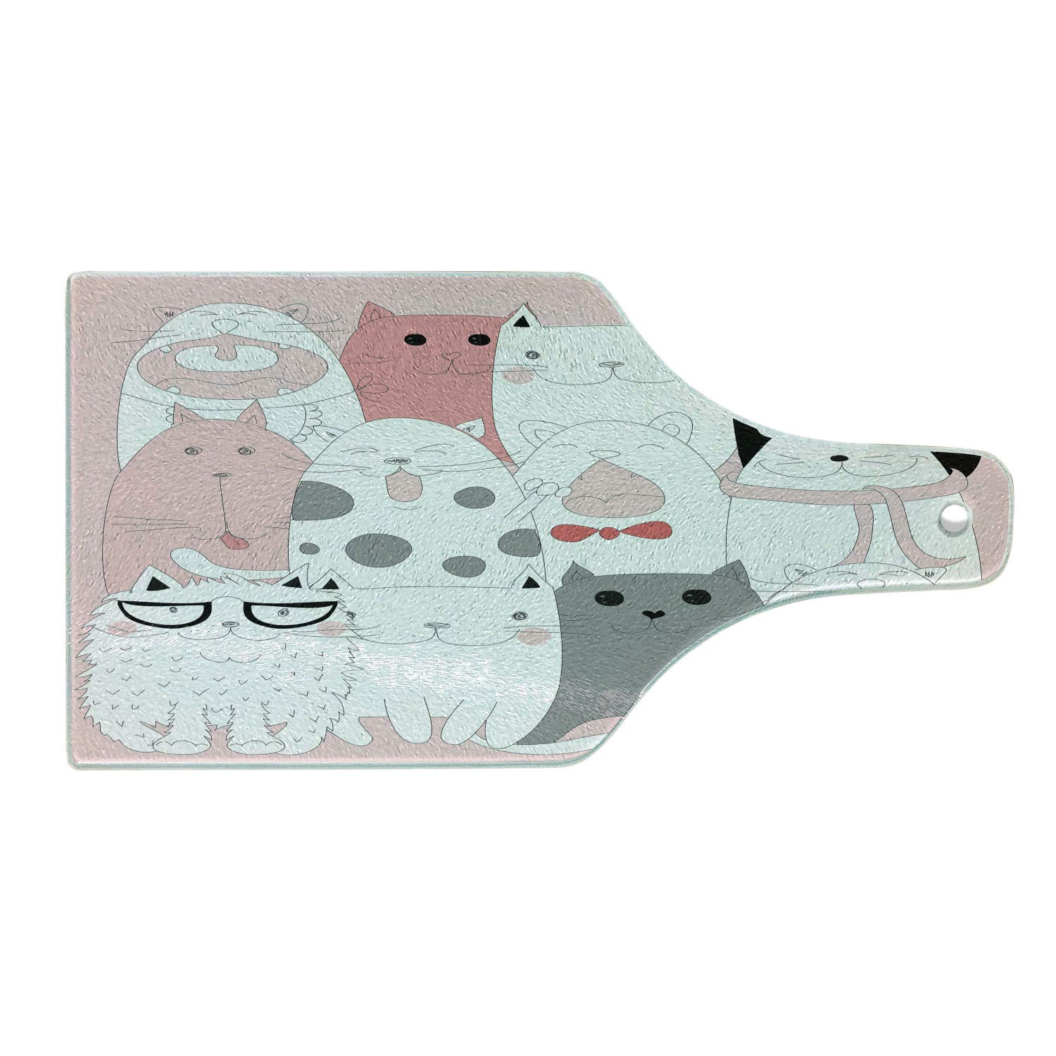 Ambesonne Cat-Themed Tempered Glass Cutting Board - Cute Cartoon Kittens with Funny Smiling Glasses & Scarves Doodle Design - Decorative Serving Board for Kitchen, Cheese, Charcuterie - Wine Bottle Shape in Pale Pink, White & Black - Perfect for Entertaining, Housewarming Gifts & Cat Lovers