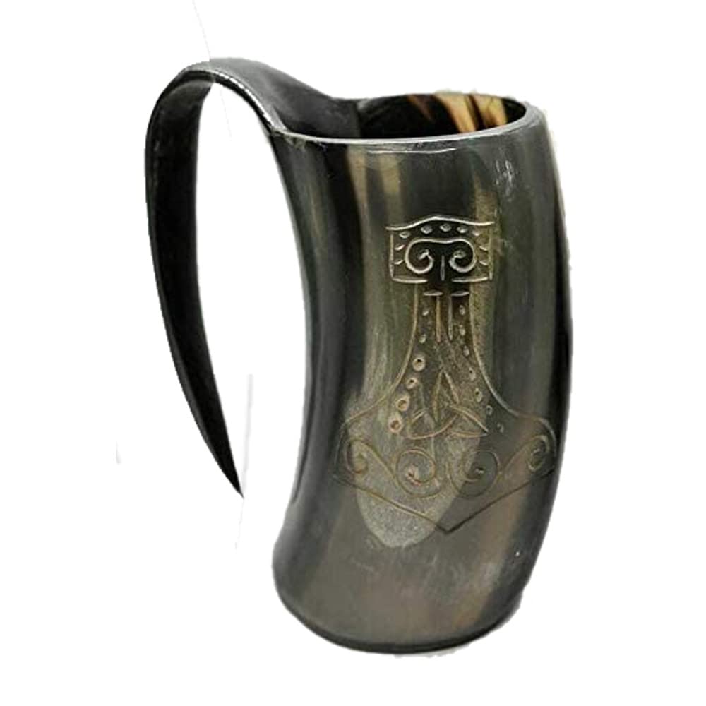 AnNafi® Authentic Viking Drinking Horn Set of 4 - Handcrafted Natural Horn Tankards for Beer, Wine & Mead - Game of Thrones Inspired Collection with Thor's Hammer Design - Perfect for Medieval Parties, Viking Themed Events & Home Decor