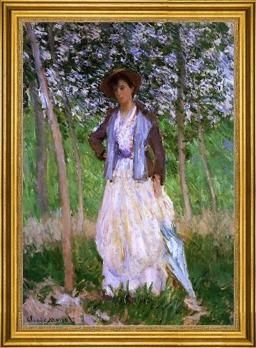 Claude Monet 'The Stroller (Suzanne Hoschede)' 16x24 Inch Premium Framed Canvas Art Print - Gold Frame Wall Decor for Living Room, Bedroom & Office | Famous Impressionist Painting Reproduction