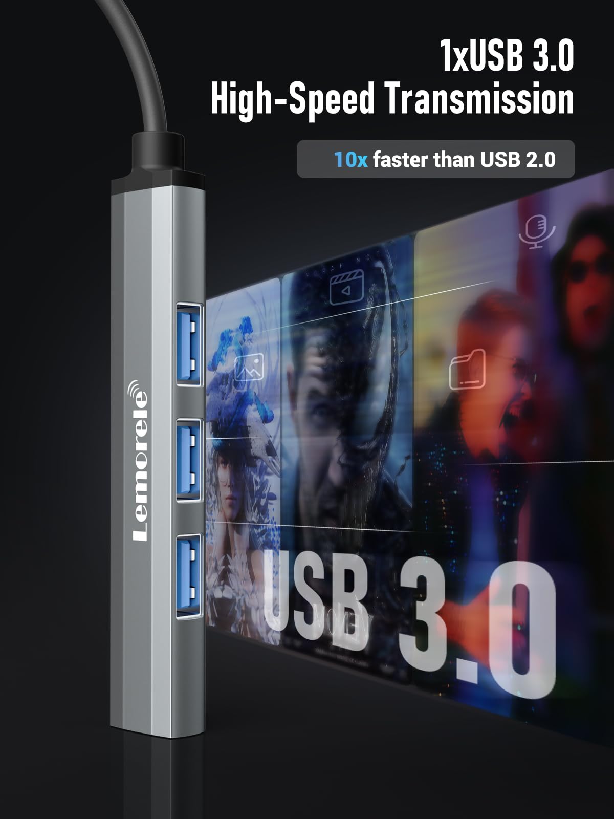 Lomorele 4-Port USB Hub with 3 USB 2.0 & 1 USB 3.0 Ports - Ultra Slim Portable USB Splitter for Laptop, PC, Mac Mini/Pro - 120cm Cable for Desk Extension (Ideal for Office, Home & Travel Use)