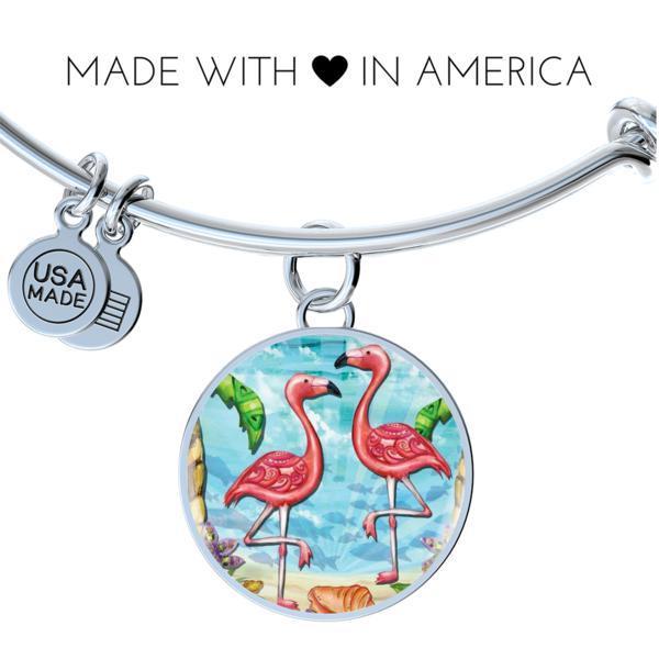Flamingo Beach Bangle Bracelet - Tropical Summer Jewelry for Women, Adjustable Cuff Bracelet with Flamingo Charm - Perfect for Vacation, Pool Party & Beach Accessories