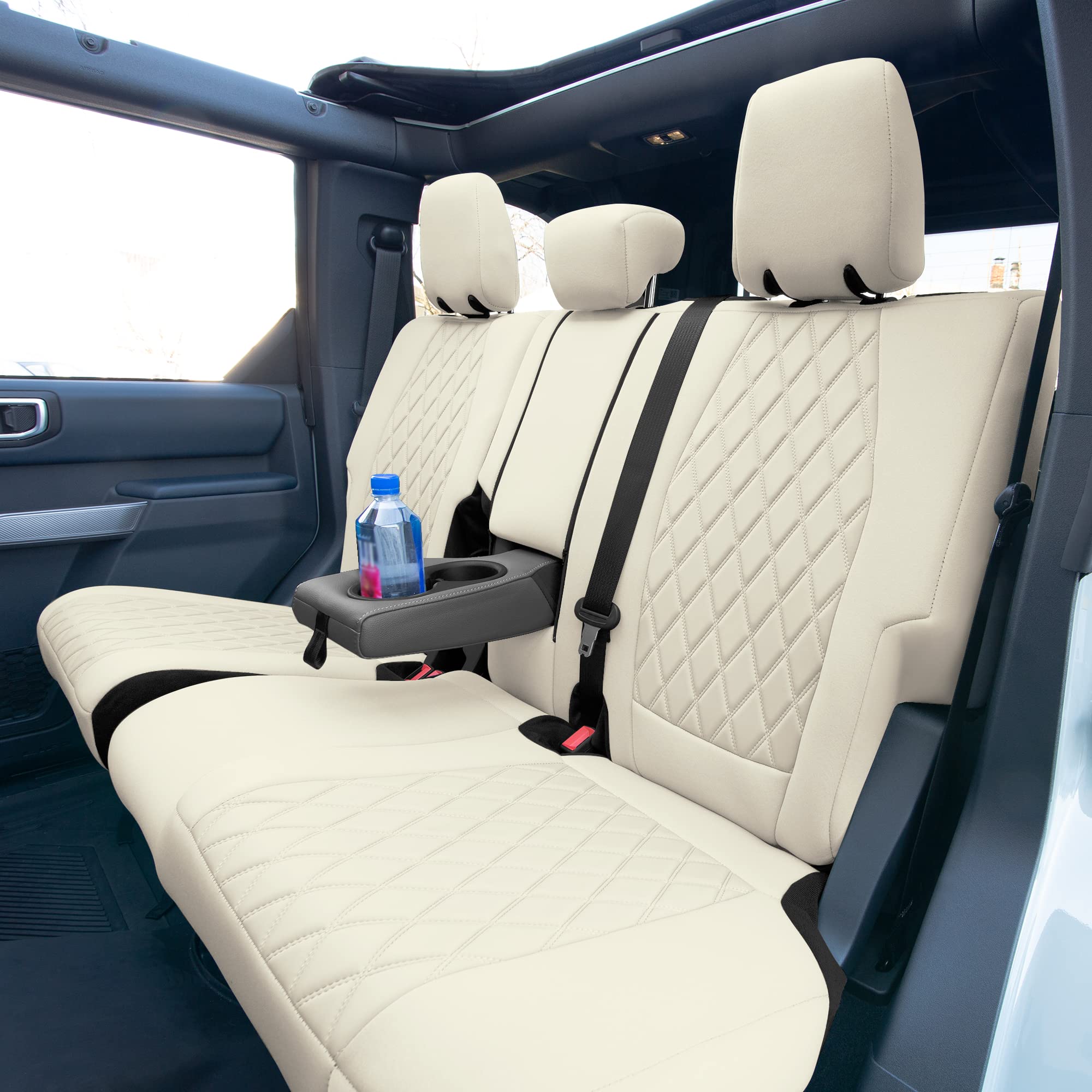 Custom Fit Neoprene Seat Covers for Ford Bronco 2021-2022 SUV - Water Resistant Neosupreme Full Set in Solid Beige | Perfect for Off-Roading, Camping & Daily Commute