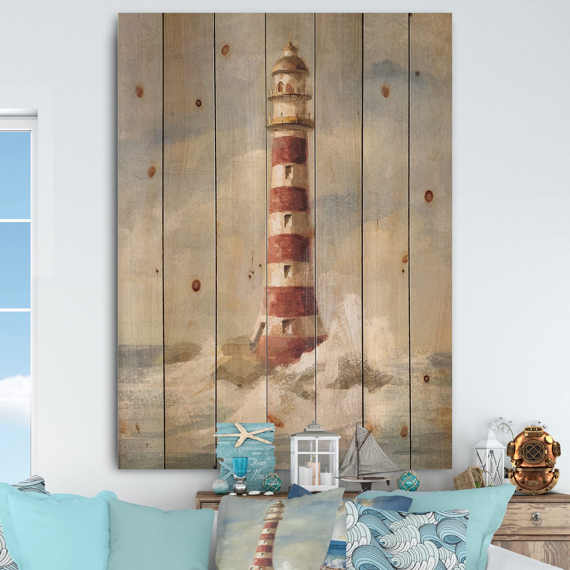 DesignQ Ocean Lighthouse Nautical Coastal Wood Wall Art - Blue Beach-Themed Pine Wood Wall Decor for Living Room, Bedroom & Coastal Home Decor