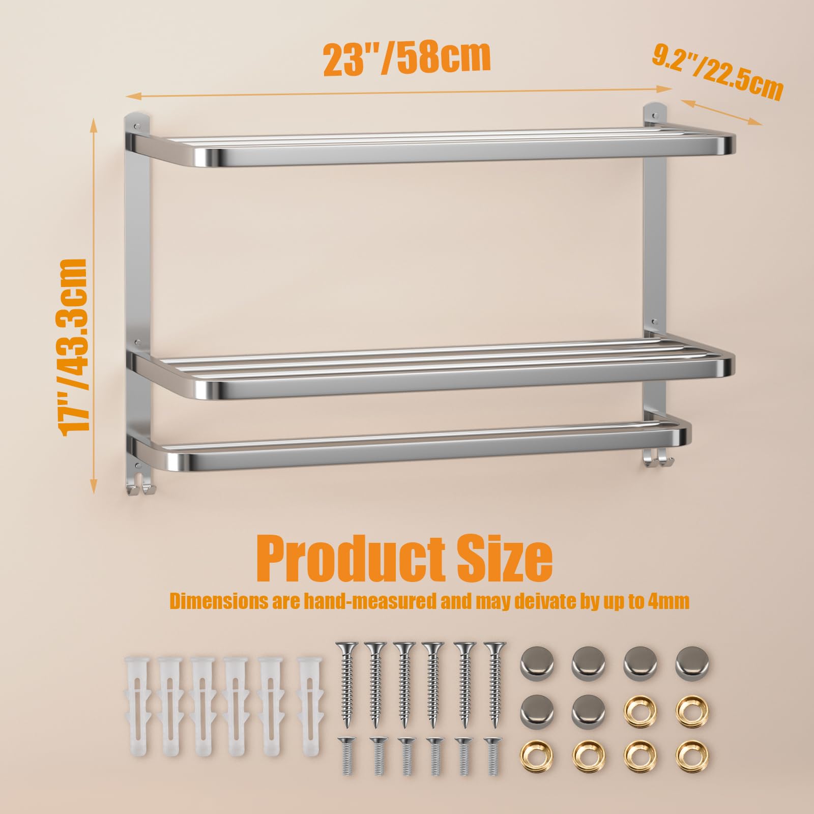 3-Tier Stainless Steel Wall-Mounted Towel Rack for Bathroom - 23 Inch Multilayer Hotel Towel Shelf with Brushed Finish - Perfect for Bathroom Organization, Spa, and Luxury Hotel Decor