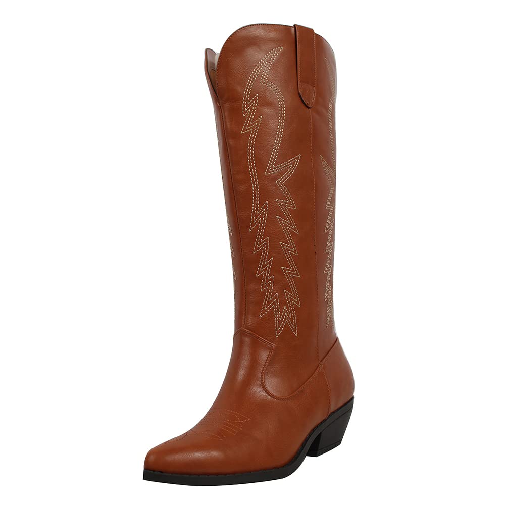 Women's Faux Leather Cowboy Boots Knee High with Stitching Detail - Western Style Riding Boots for Country Fashion & Outdoor Events