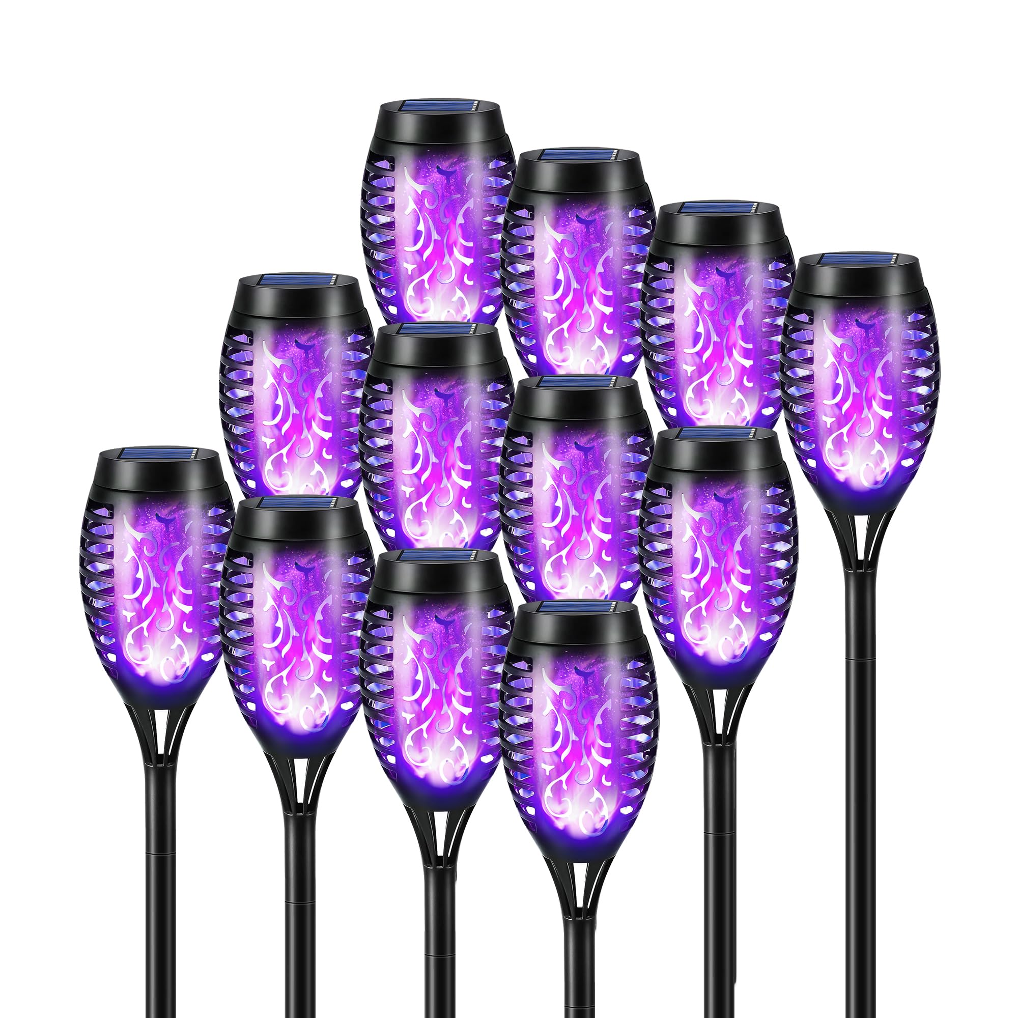 12 Pack Purple Solar Powered Tiki Torch Lights - Waterproof Outdoor Christmas Decorations with Realistic Flickering Flame - Perfect for Patio, Garden, Pathway & Holiday Lighting