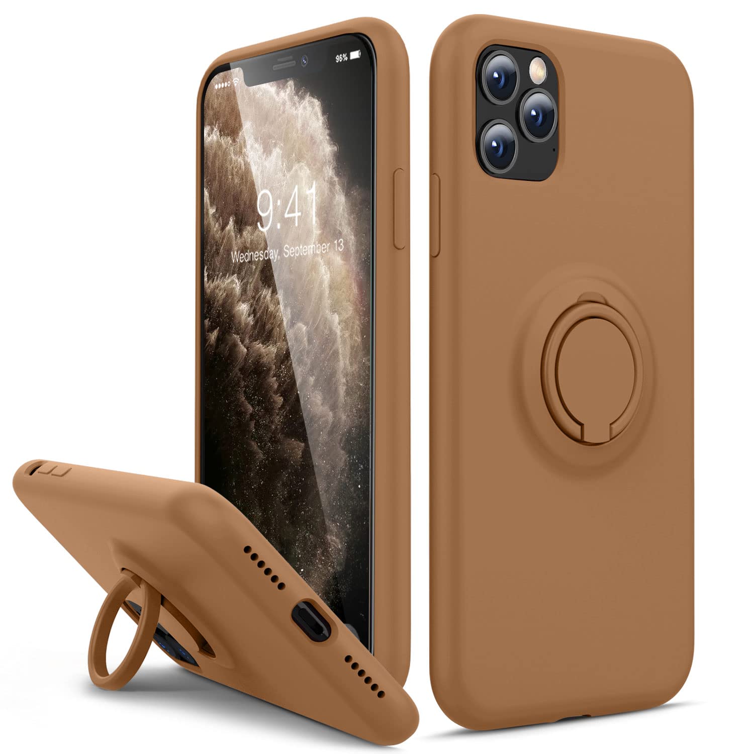 Thomo Liquid Silicone iPhone 11 Pro Max Case with Ring Holder & Kickstand - Anti-Scratch Microfiber Lining, Full Body Protective Cover (Light Brown) | Perfect for Work, Travel & Everyday Use