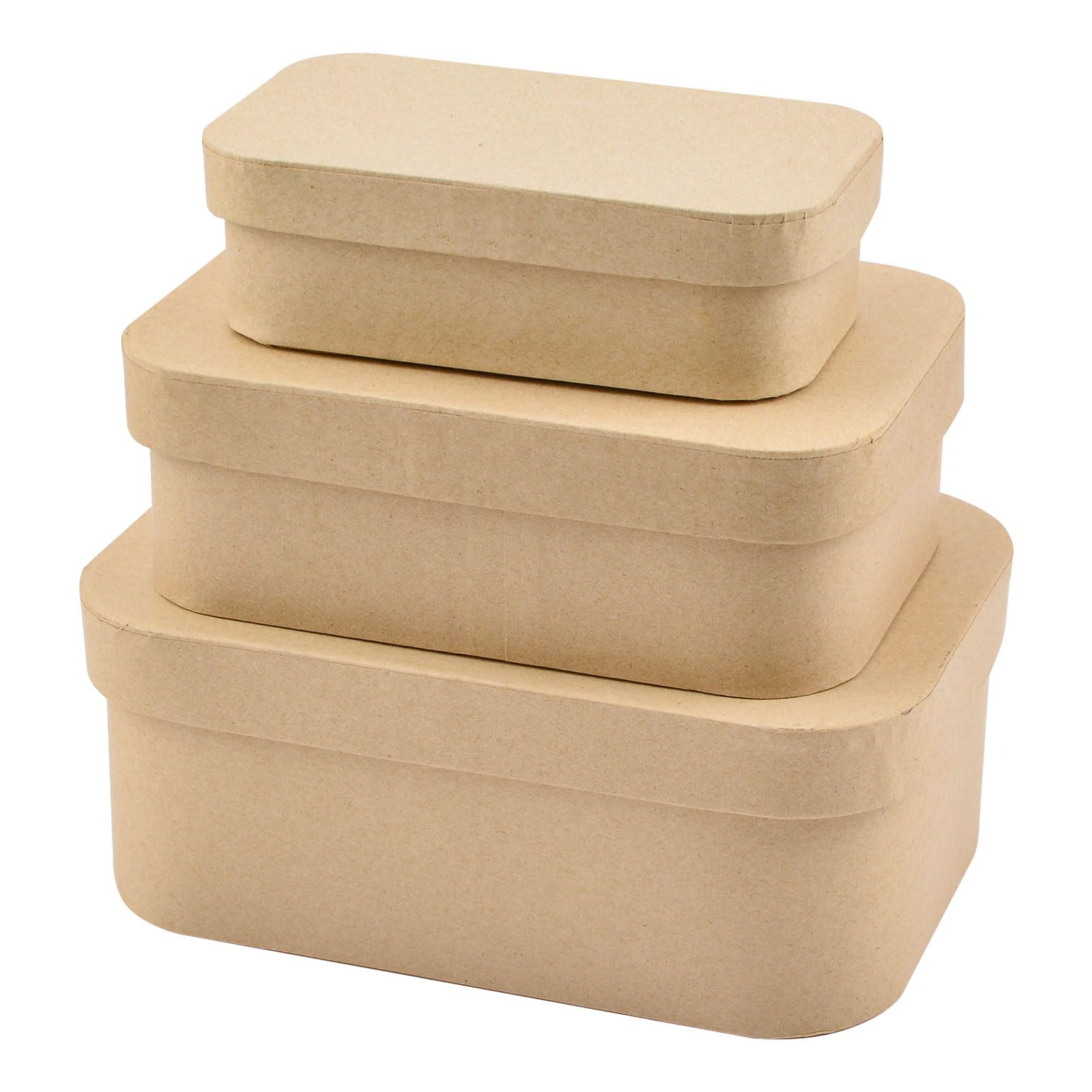 WANDIC Set of 3 Kraft Paper Mache Storage Boxes - Rectangular Hat Boxes with Rounded Corners for DIY Painting, Crafting, Jewelry & Cosmetics Organization | Perfect for Home Decor, Gift Wrapping & Wedding Favors