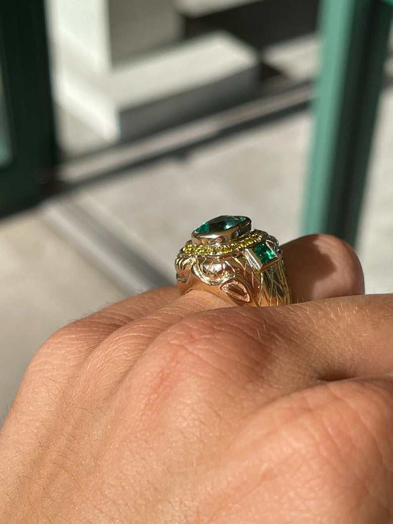 4.18tcw 14K Gold Colombian Emerald Cushion Cut & Princess Cut Yellow Diamond Accent Men's Ring for Wedding, Engagement & Special Occasions