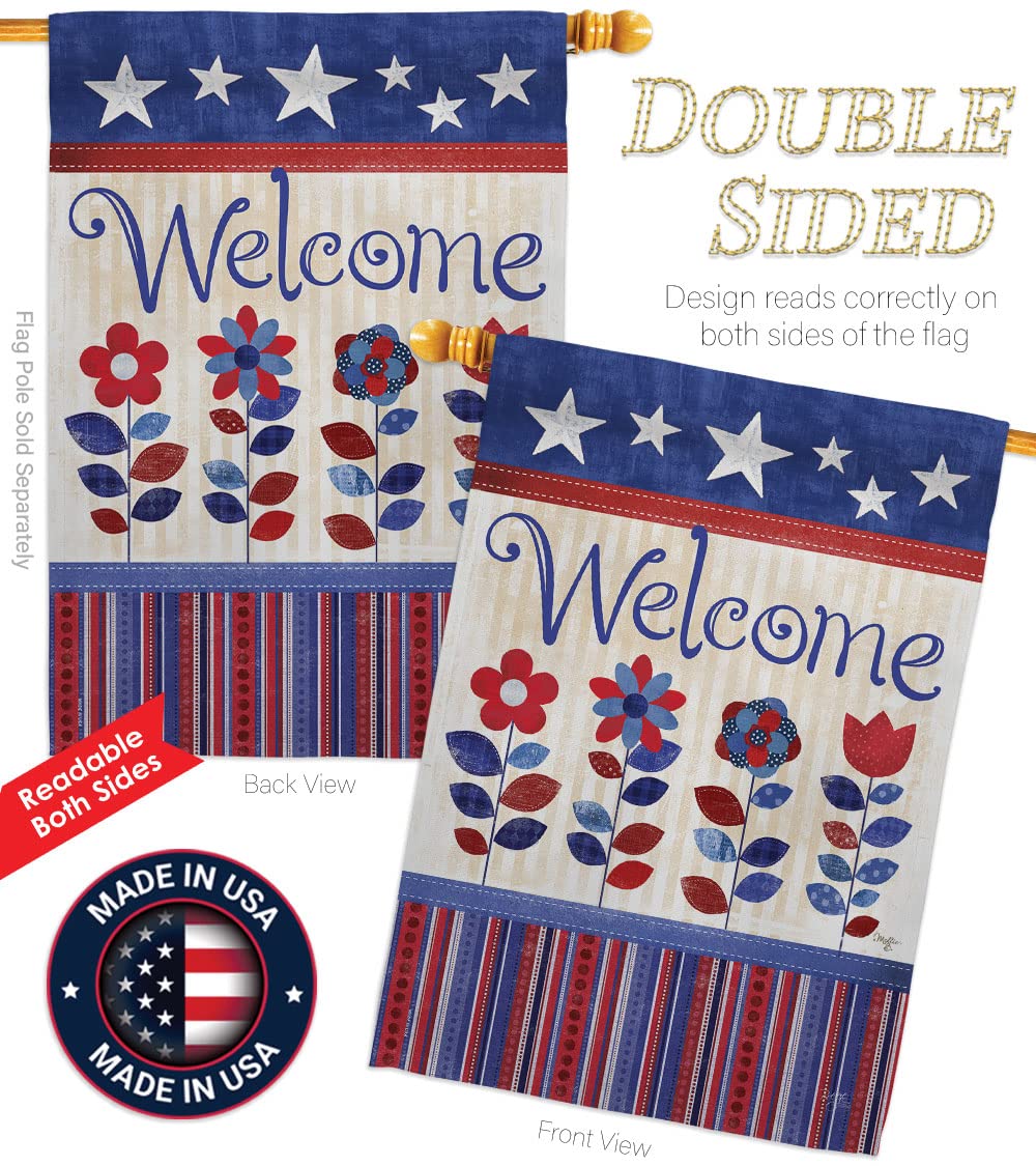 Patriotic Welcome House Flag Set 28x40in w/Flagpole for Outdoor Decor
