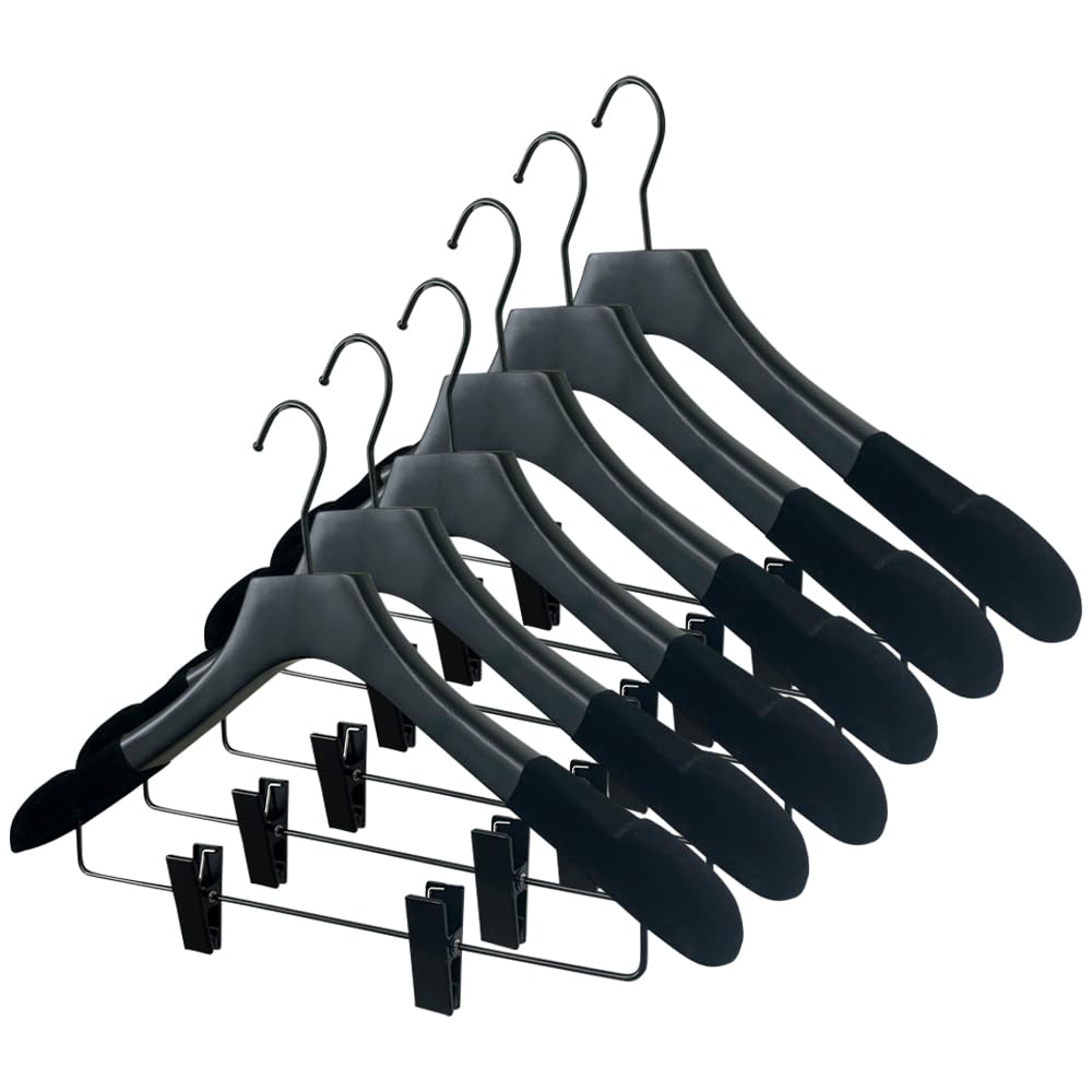 Premium Heavy Duty Wooden Hangers with Non-Slip Clips - Wide Shoulder Suit & Pants Hangers (Black Velvet Finish, 100 Pack) - Ideal for Closet Organization, Luxury Garment Storage & Retail Display