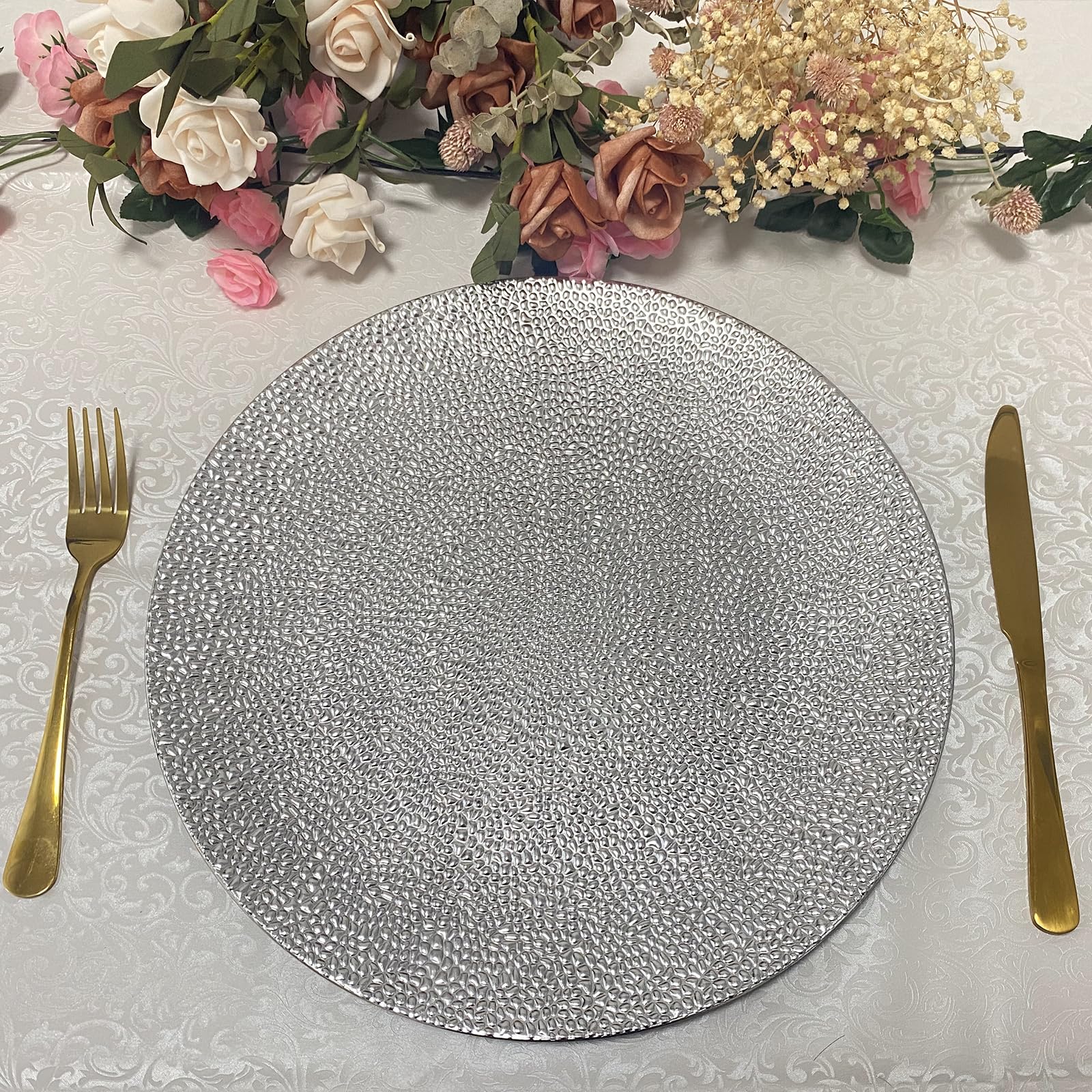 13 Inch Round Plastic Charger Plates Set of 8 - Elegant Dinner Plates for Wedding, Party & Event Decorations (Bubble Silver) - Perfect for Formal Dining, Buffet Serving & Table Setting