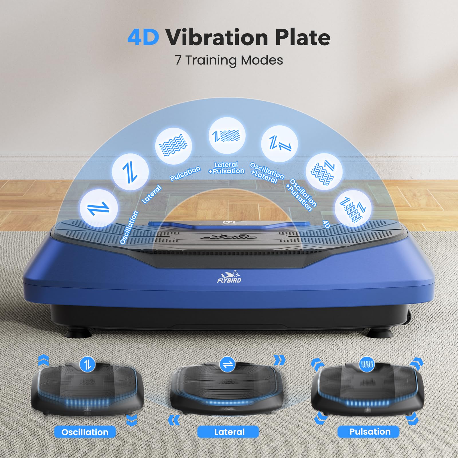 FLYBIRD 4D Vibration Plate Exercise Machine - 500 LBS Capacity, Triple Motors with Oscillation, Linear & Pulsation Modes for Bone Density, Lymphatic Drainage & Weight Loss - Home Gym Equipment for Full Body Workout & Recovery
