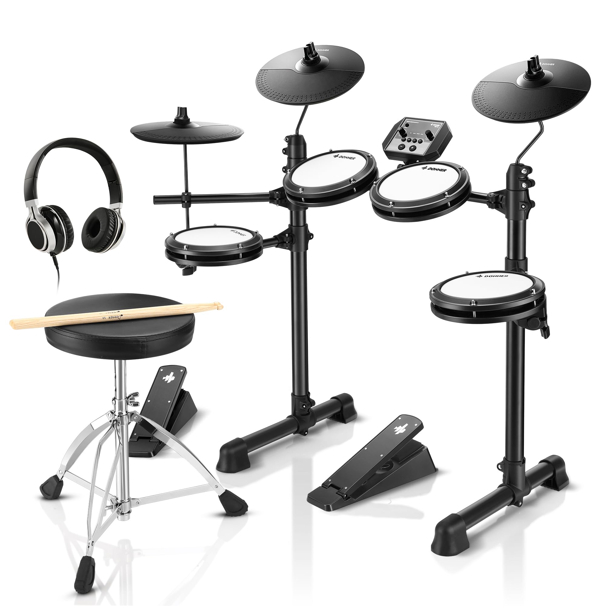 Donner DED-80 Electronic Drum Kit with 4 Quiet Mesh Pads, 180+ Realistic Sounds, Dual Pedals, Throne, Headphones & Drumsticks – Includes Free Melodics Lessons – Perfect for Home Practice, Studio Recording & Live Performances
