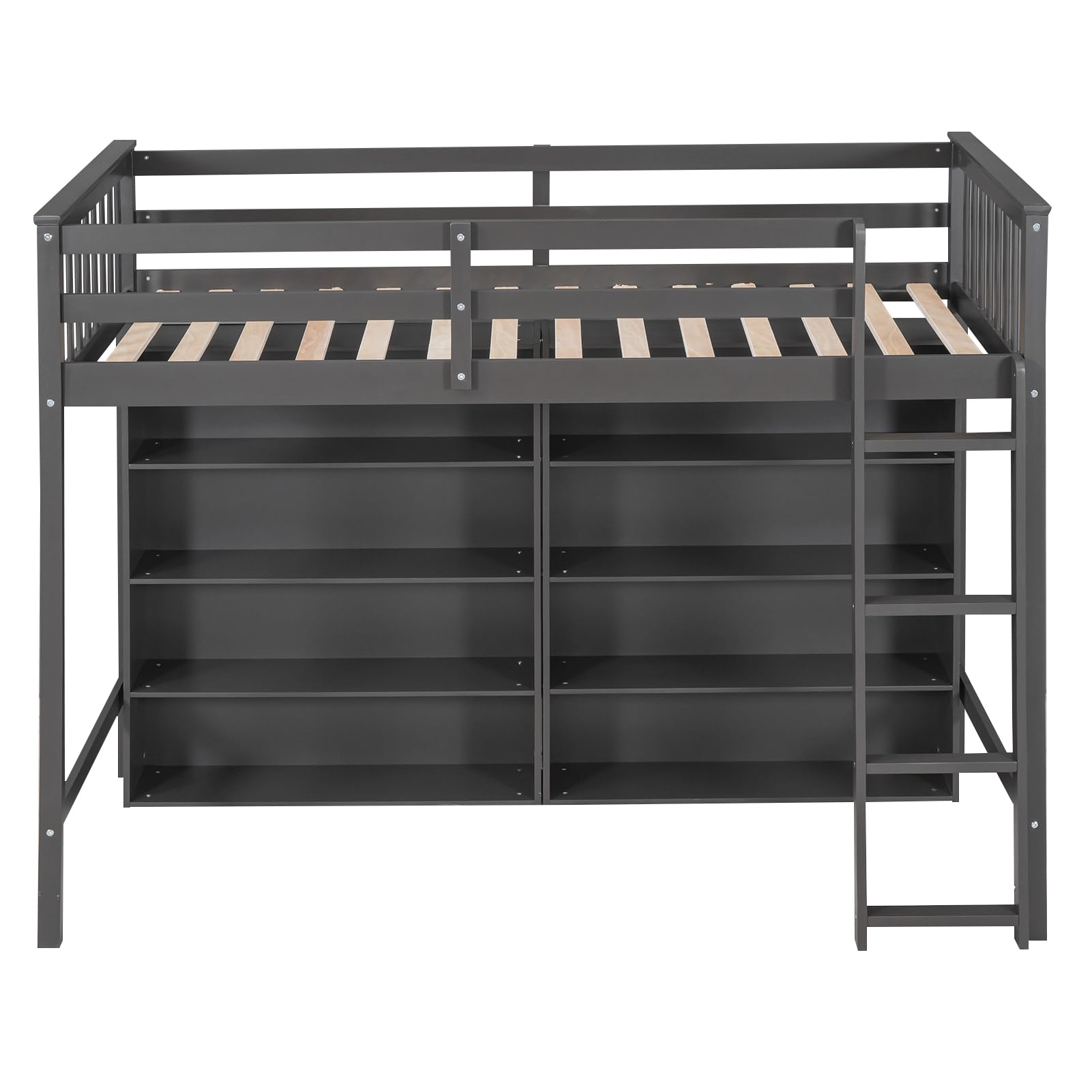 SOFTSEA Twin Size Loft Bed with Storage Shelves & Bookcase - Solid Wood High Loft Bed Frame with Underbed Space & Ladder - Perfect for Kids, Boys, Girls & Teens Bedroom - Space-Saving Grey Loft Bed for Small Rooms, Dorms & Apartments