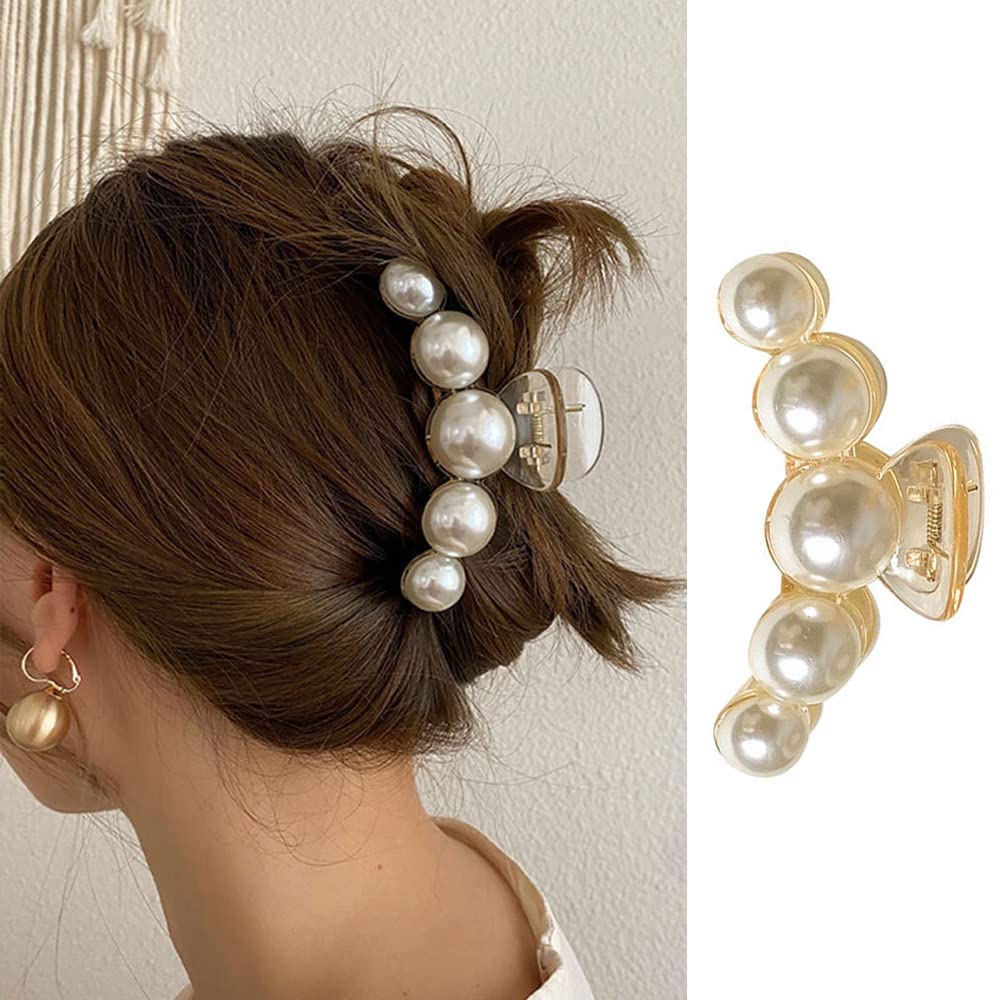 Glamifirsto 2-Pack Transparent Pearl Hair Claw Clips - Strong Hold Banana Jaw Hair Clips for Women & Girls | Fashion Hair Accessories for Wedding, Party & Everyday Use