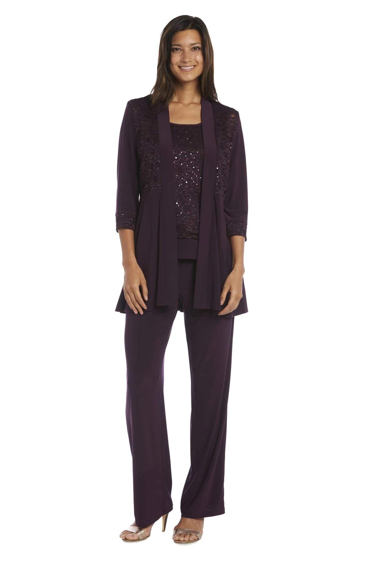 R&M Richards Plus Size Women's Pant Suits for Weddings - Mother of The Bride Formal Pantsuit in Plum, Size 14 Plus | Elegant Wedding Guest Outfit & Special Occasion Attire