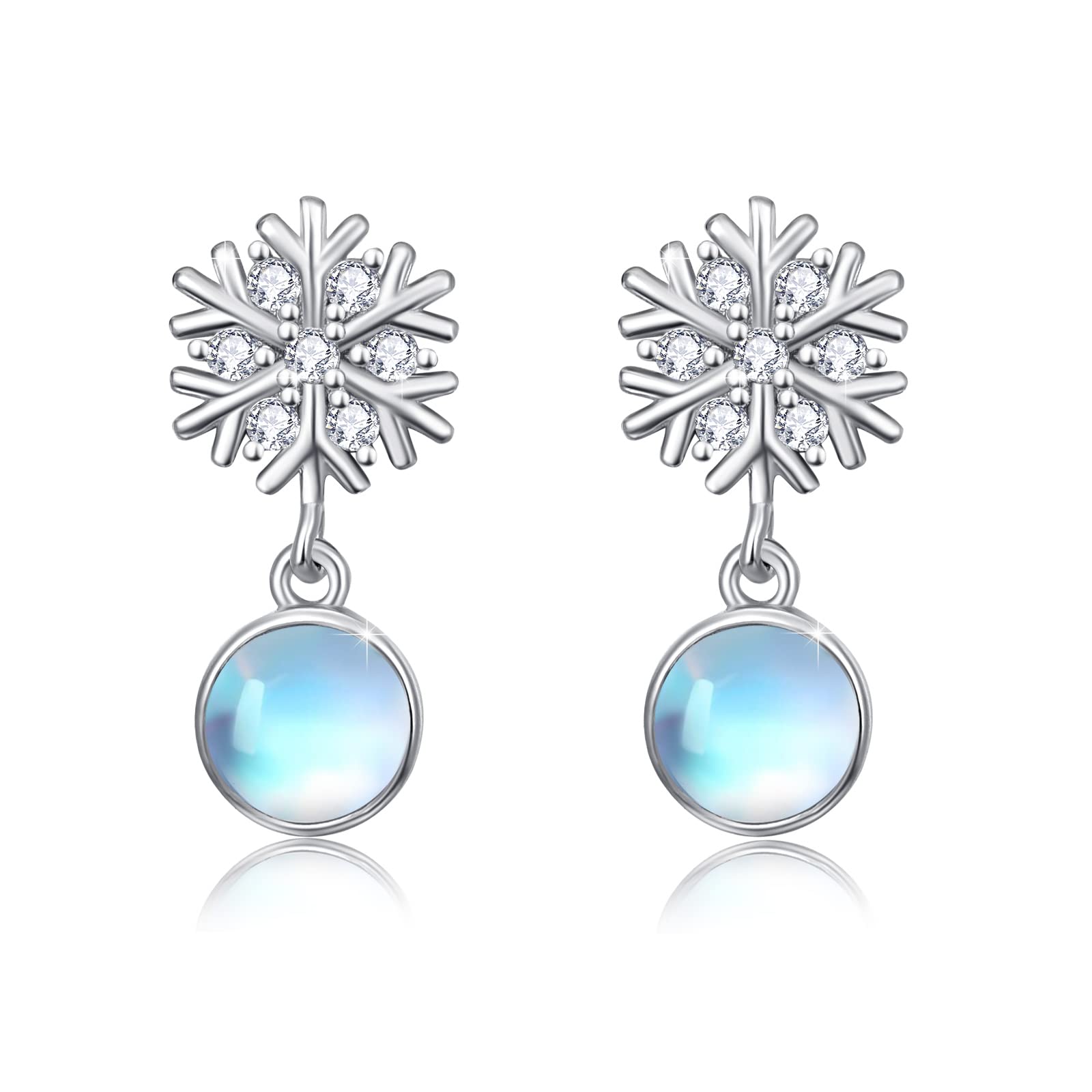 925 Sterling Silver Teardrop Moonstone Dangle Earrings with Snowflake Design - Elegant Drop Earrings for Women & Girls | Perfect for Weddings, Parties & Gifts