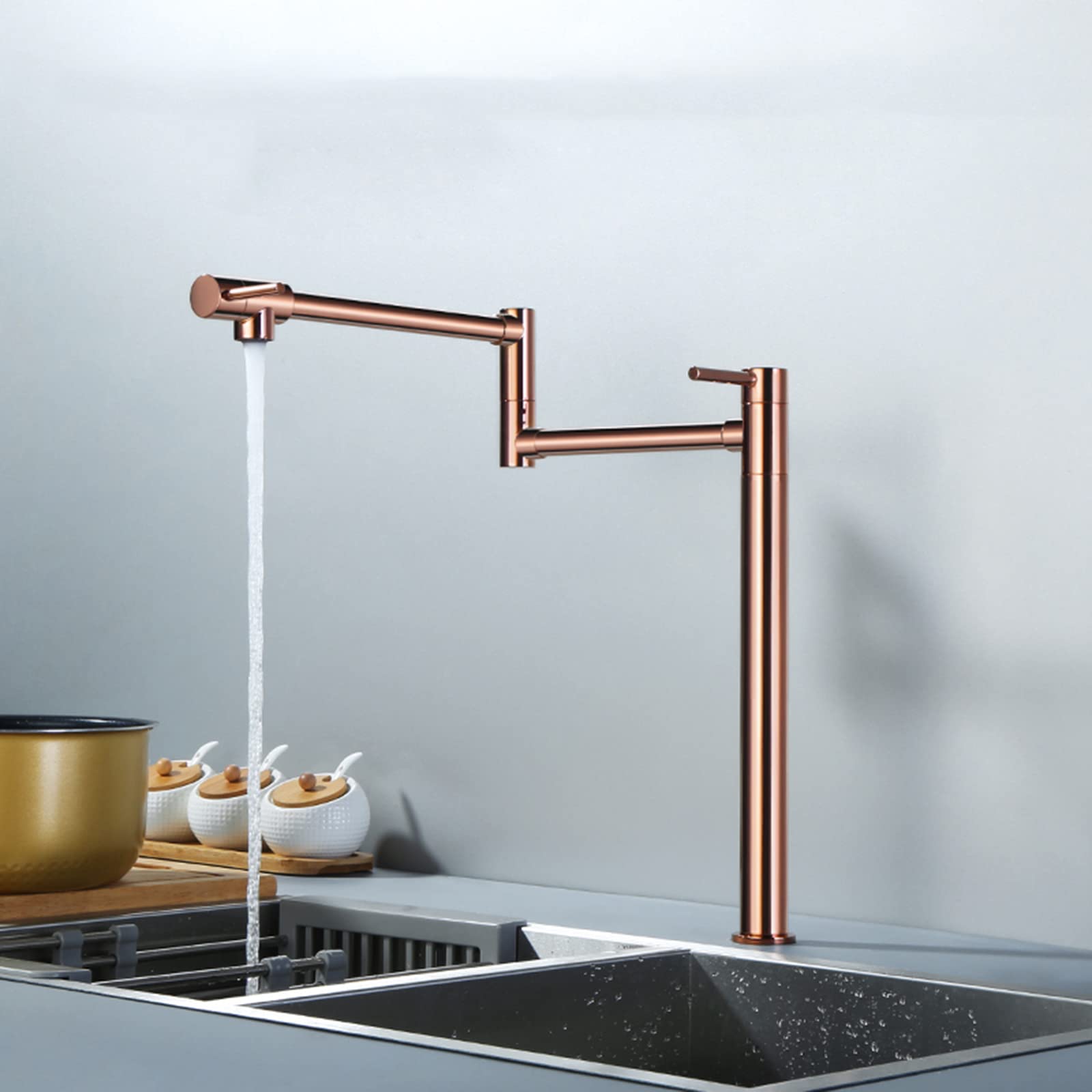 Rose Gold Wall Mounted Pot Filler Faucet - Brass Folding Stretchable Kitchen Sink Faucet with Double Joint Swing Arm & 2 Handles | Perfect for Filling Large Pots, Pasta Cookers & Stockpots in Modern Kitchens