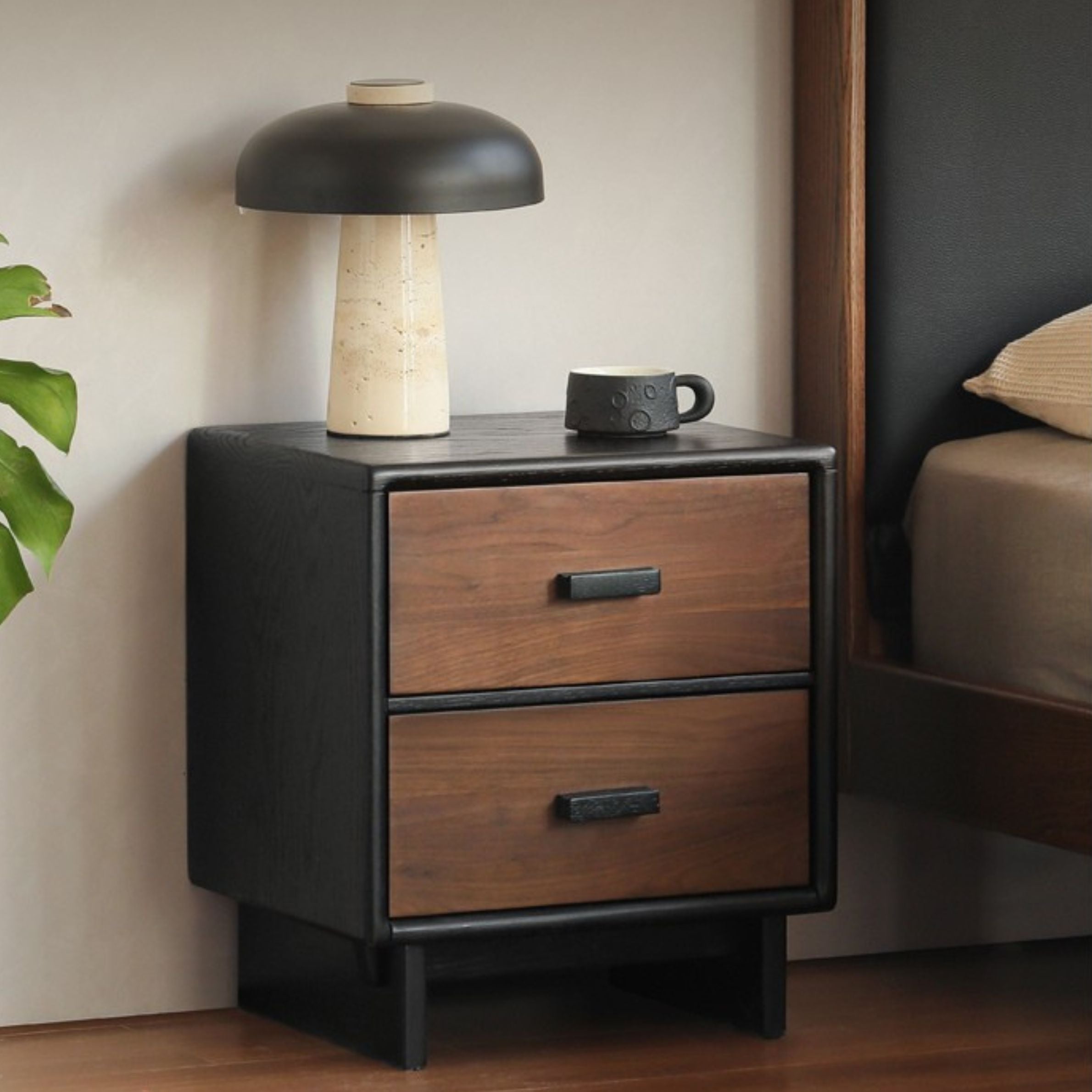 Solid Oak & Black Walnut Wood Nightstand - Modern Bedside Table with Drawer for Bedroom Furniture - Perfect for Bedside Storage, Reading Nook, and Guest Room Decor