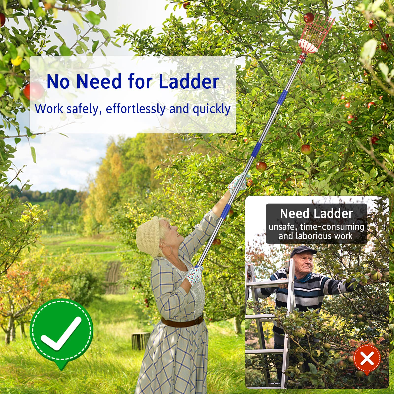 13FT Adjustable Fruit Picker Pole with Basket - Stainless Steel Harvesting Tool for Apples, Cherries, Berries, Oranges & More - Perfect for Home Orchards, Backyard Harvesting & Tall Tree Fruit Picking