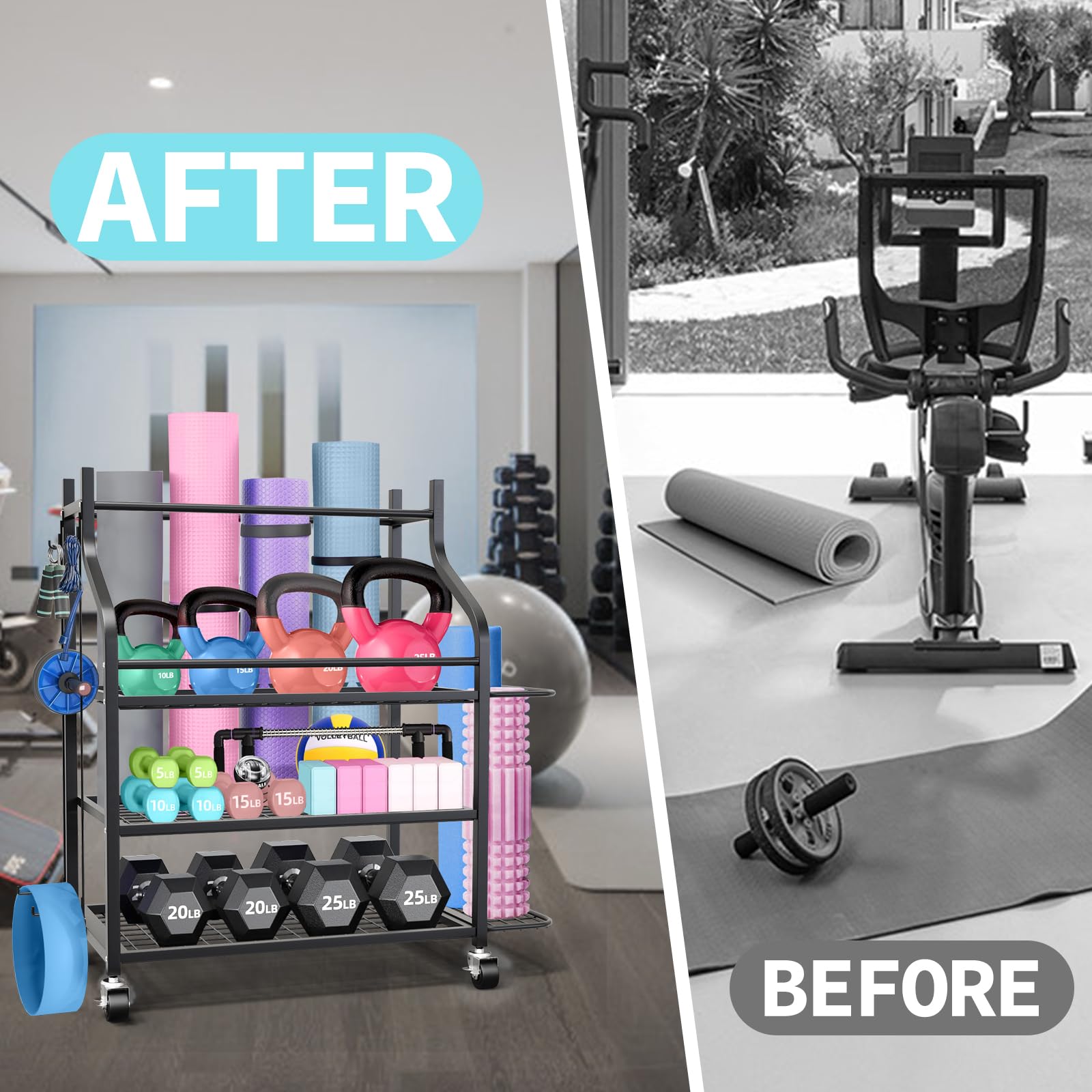 Heavy Duty Adjustable Weight Rack for Dumbbells & Kettlebells - 450 lbs Capacity Home Gym Storage Organizer with Wheels & Hooks - Perfect for Yoga Mats, Exercise Balls & Fitness Equipment Storage - Ideal for Home Gym, Garage Workout Space & CrossFit Studios