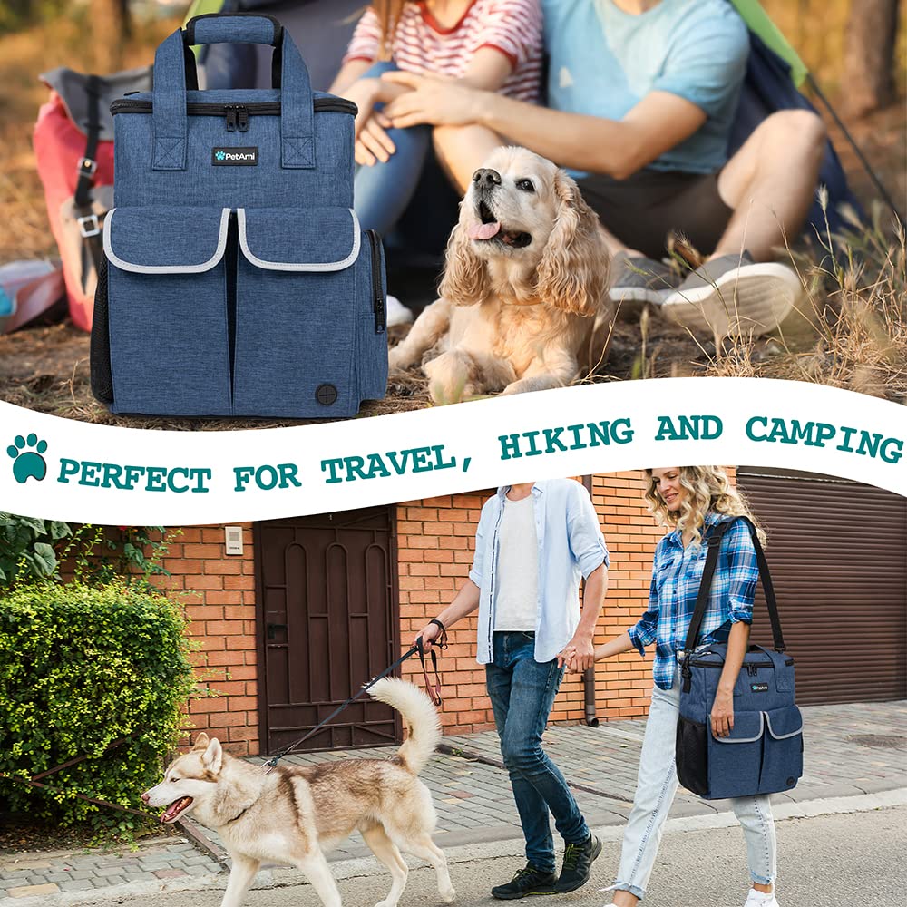 PetAmi Dog Travel Bag - Portable Pet Supplies Organizer for Dogs & Cats - Includes 2 Food Containers, 2 Collapsible Bowls & Feeding Mat - Perfect for Travel, Camping, Hiking & Weekend Trips (Navy Blue)