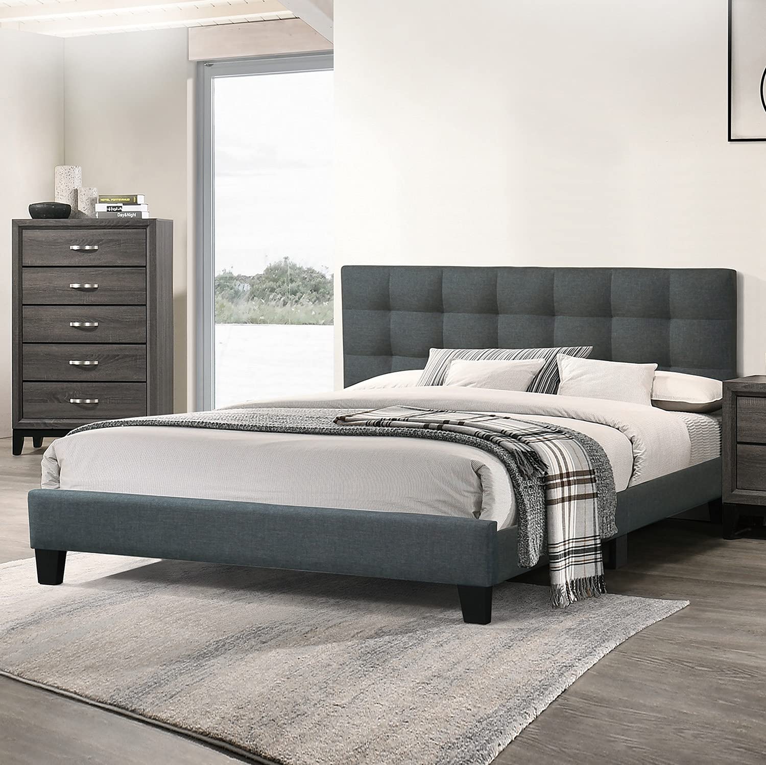 Poundex Charcoal Fabric Upholstered California King Size Bed - Luxurious Upholstered Platform Bed Frame with Soft Fabric Headboard for Master Bedroom & Guest Room